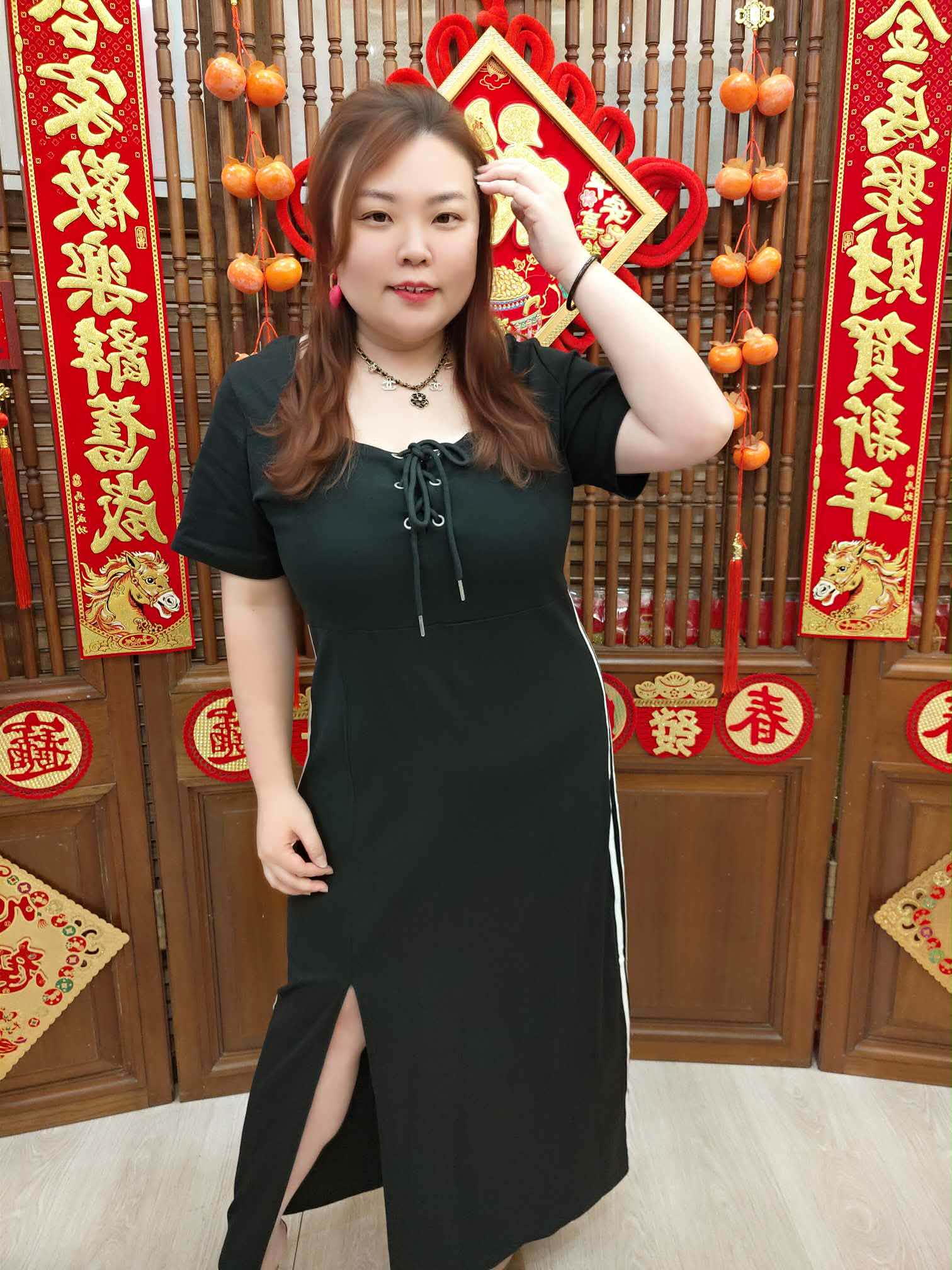 NJN07 TW#5578 黑色前绑带长连衣裙