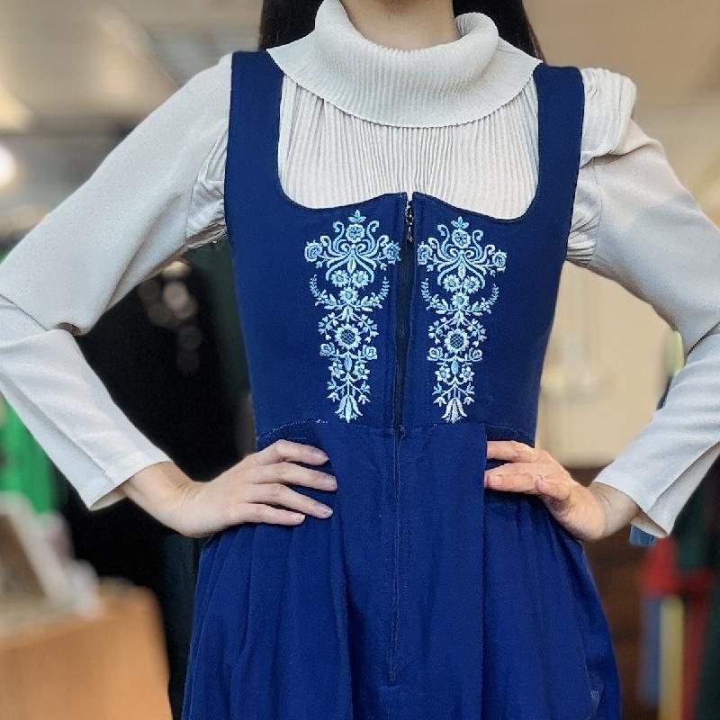 Vintage Embroidered Blue Dirndl Dress - Size S/XS