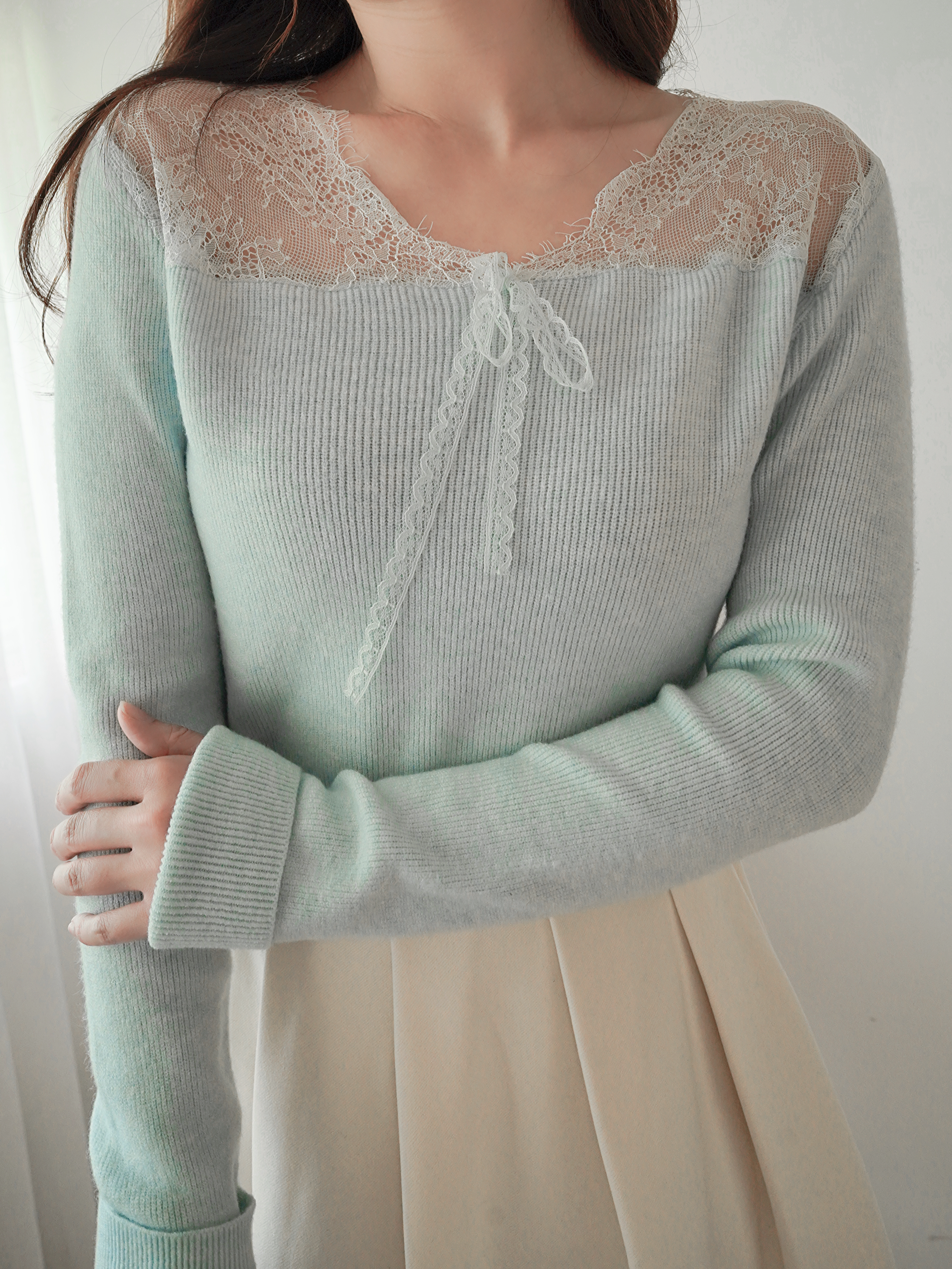 透肌軟蕾絲針織上衣(KR)3色