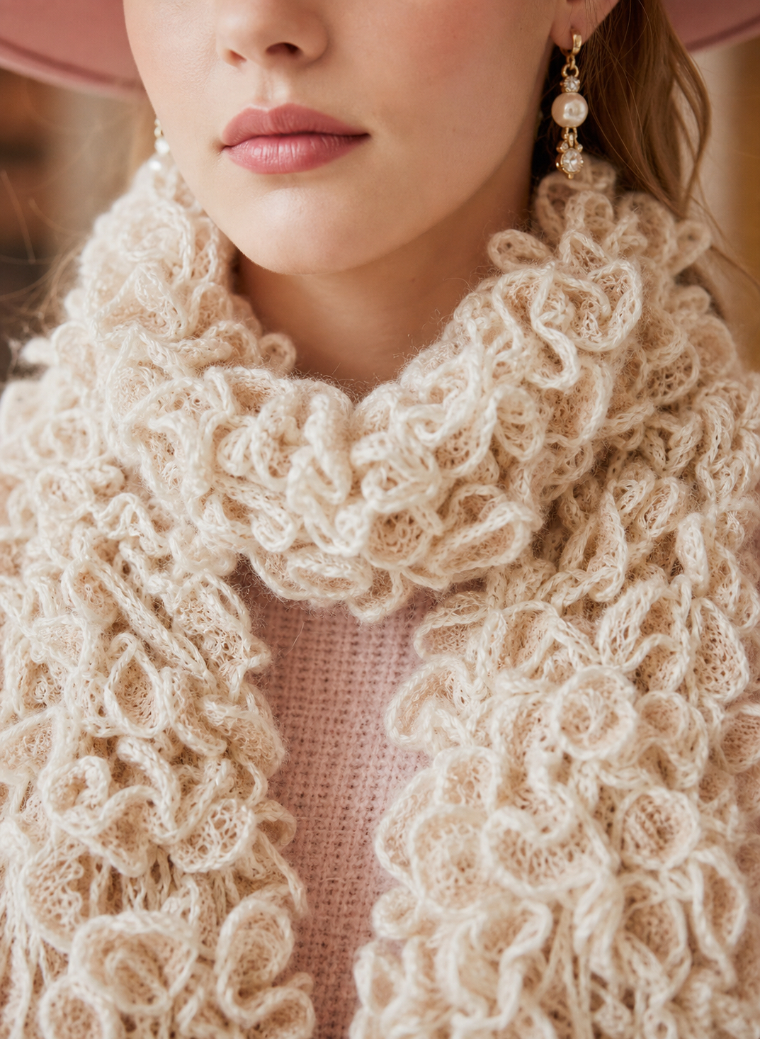 花瓣邊混金線手工鉤織頸巾淡粉紅  Gilded Petals & Frost" Scarf
