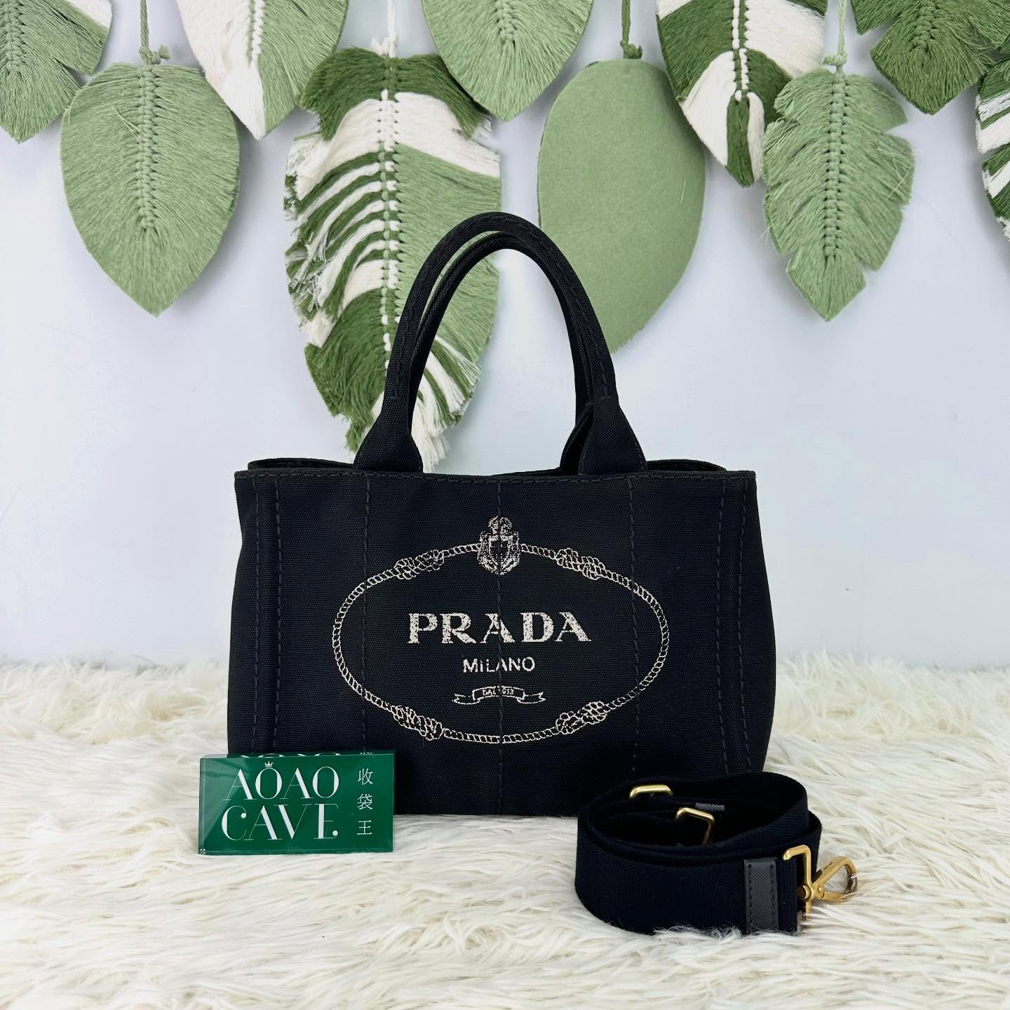 PRADA 🤍PRE OWNED Canapa 黑金帆布Tote Bag 手提斜肩包🖤