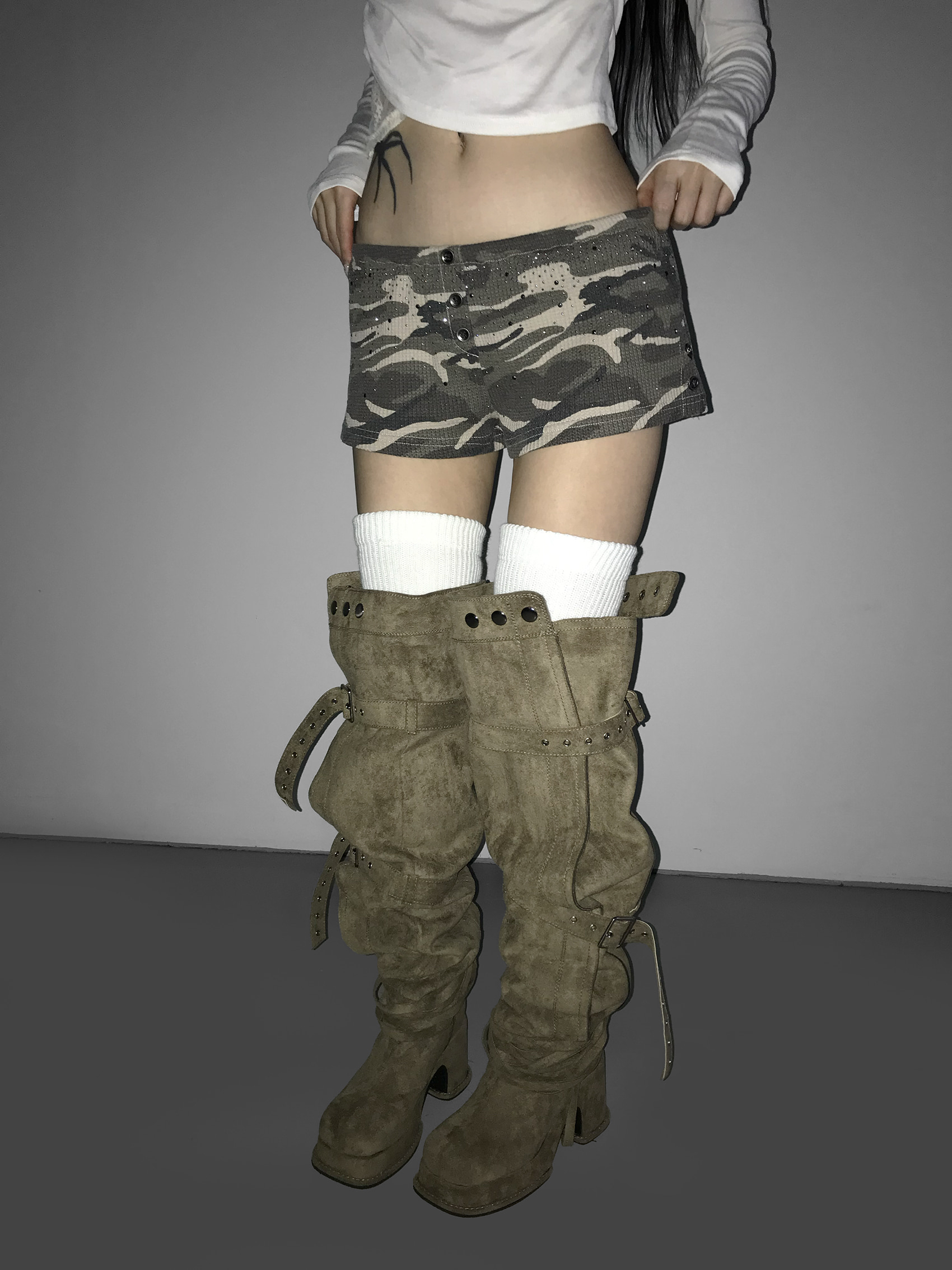 Waffle Knit Rhinestone Camo Shorts