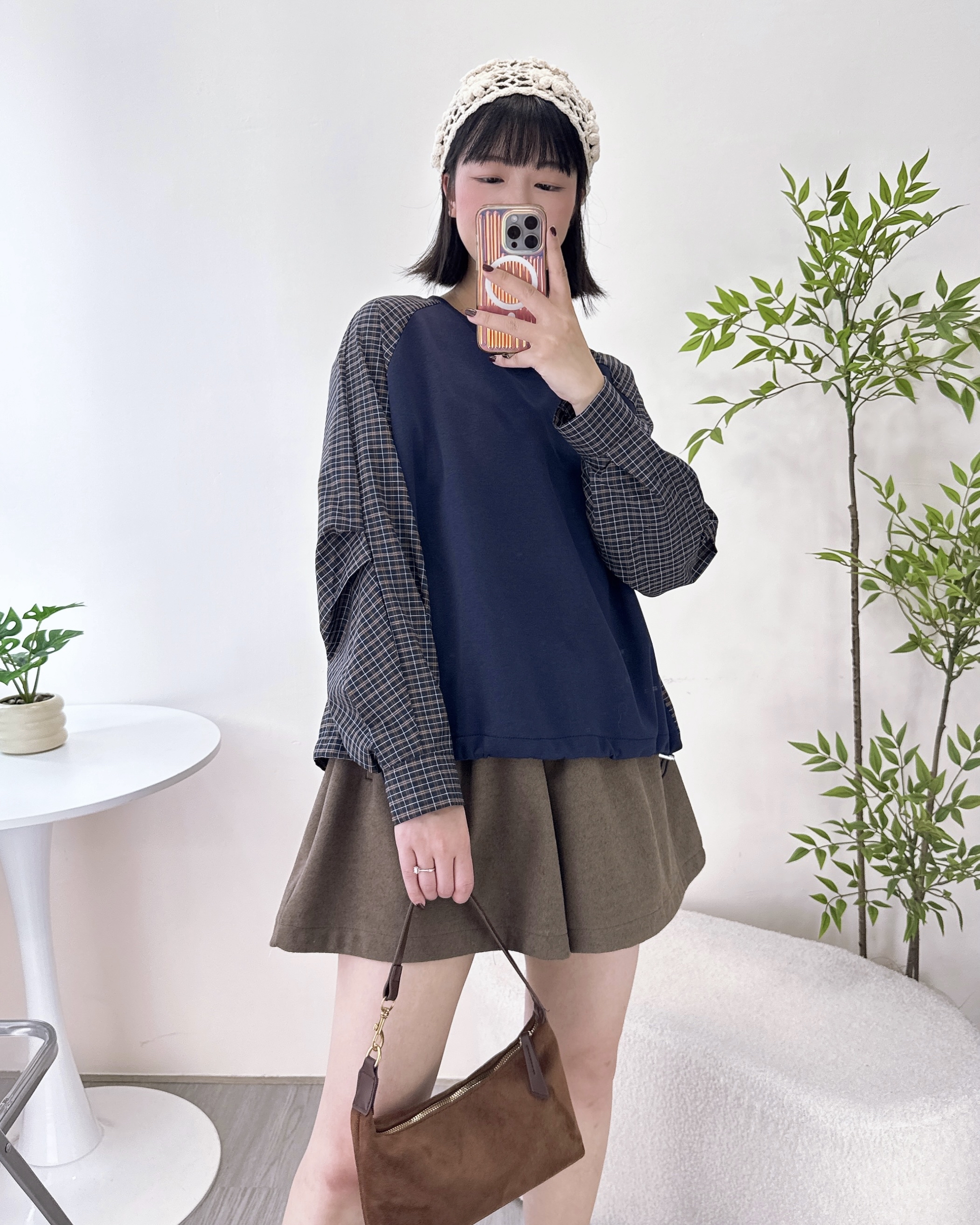 拼寬袖格仔布可索繩上衣 3色