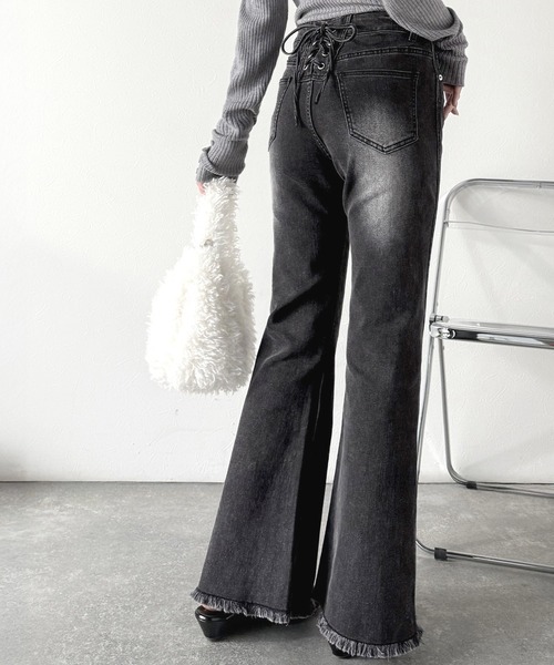 綁帶喇叭高腰牛仔褲【JP010】