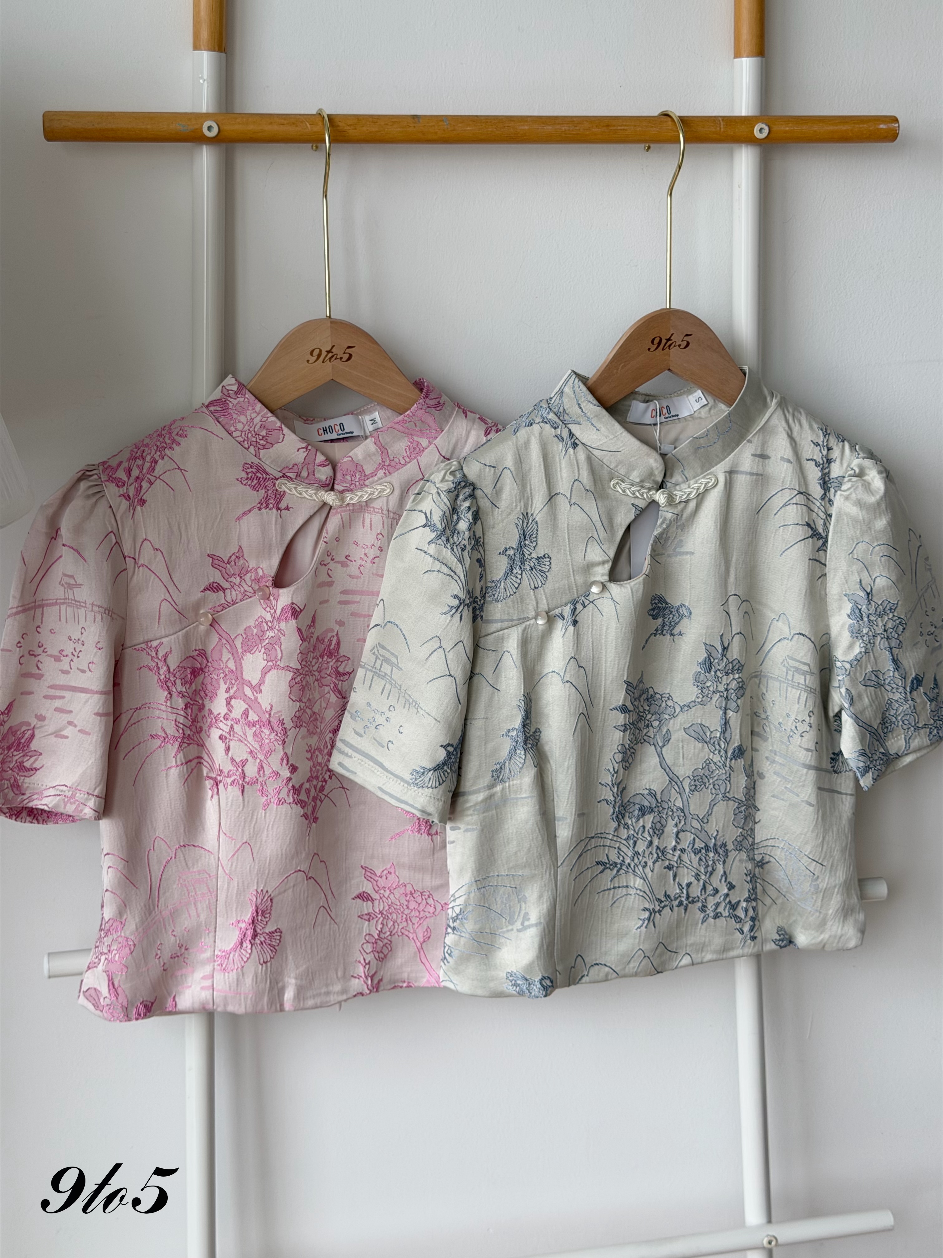 T4469 CNY Embroidery Floral Crop Top - Blue & Pink