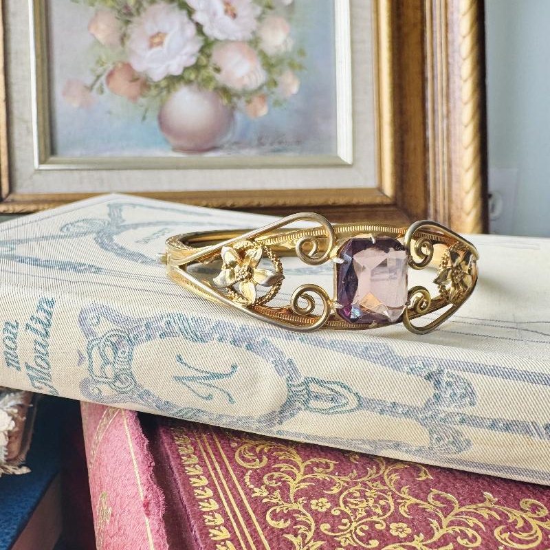 Early 20th Century Gold Filled Faceted Purple Glass Bangle / Hinged Bracelet (MT2307)