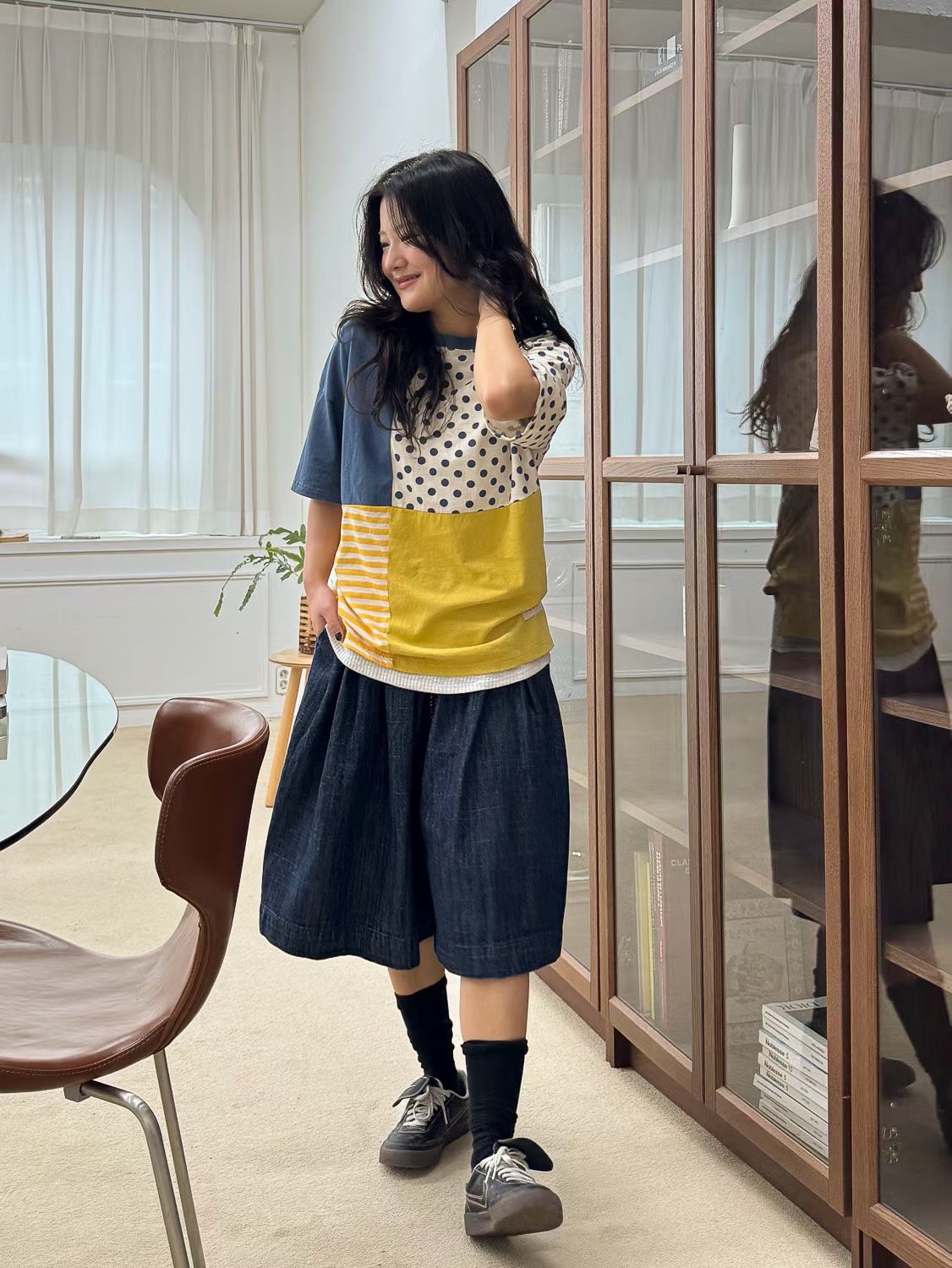 YA OX 4格波點條子tee