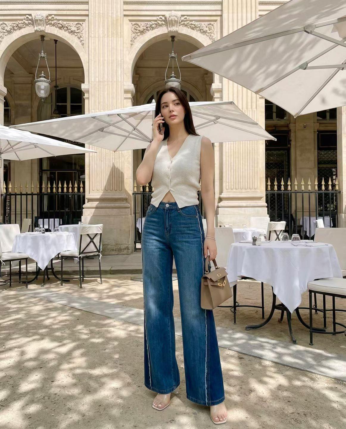 側拼色小喇叭牛仔褲