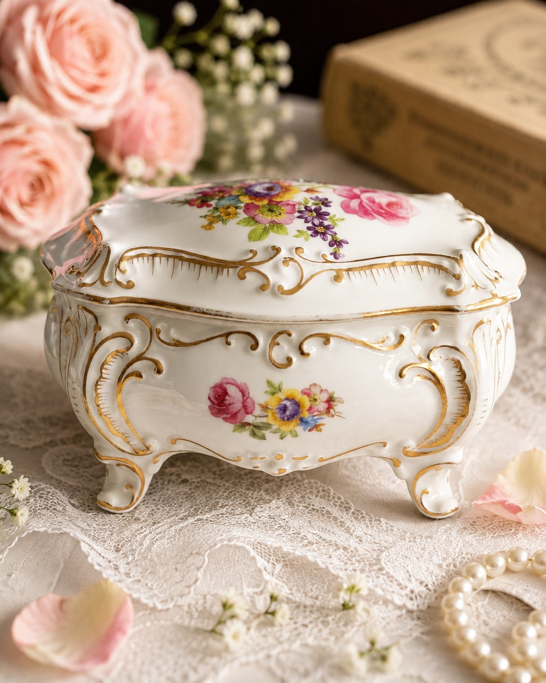 RARE! 1934-1949 Made in Germany JLMenau Graf Von Hennebert Porcelain Large Footed Trinket Box/Treasure Box(MT1705)