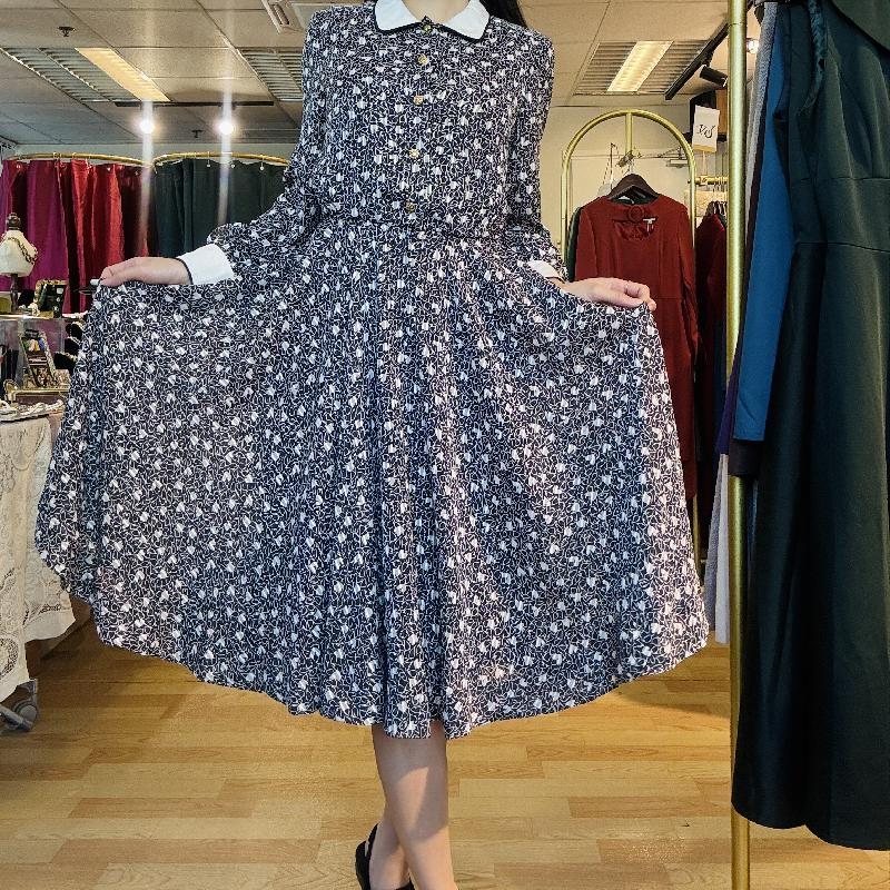 Vintage Japanese Pattern Swing Dress with White Collar and Cuff (PP001-29)