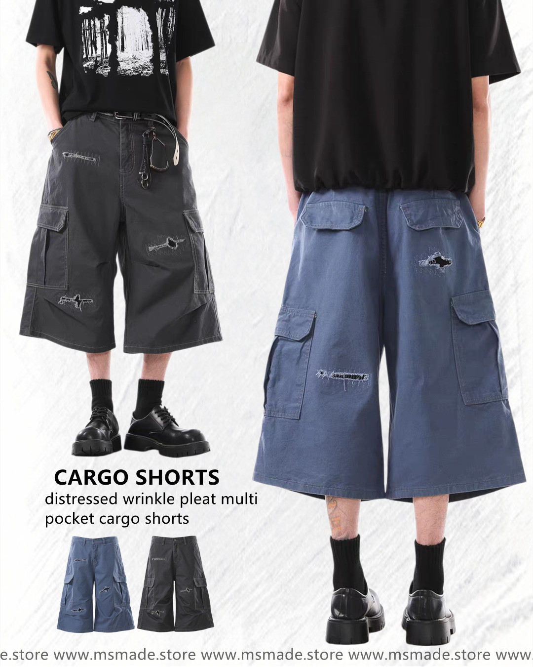 M312破洞皺褶多袋工裝短褲