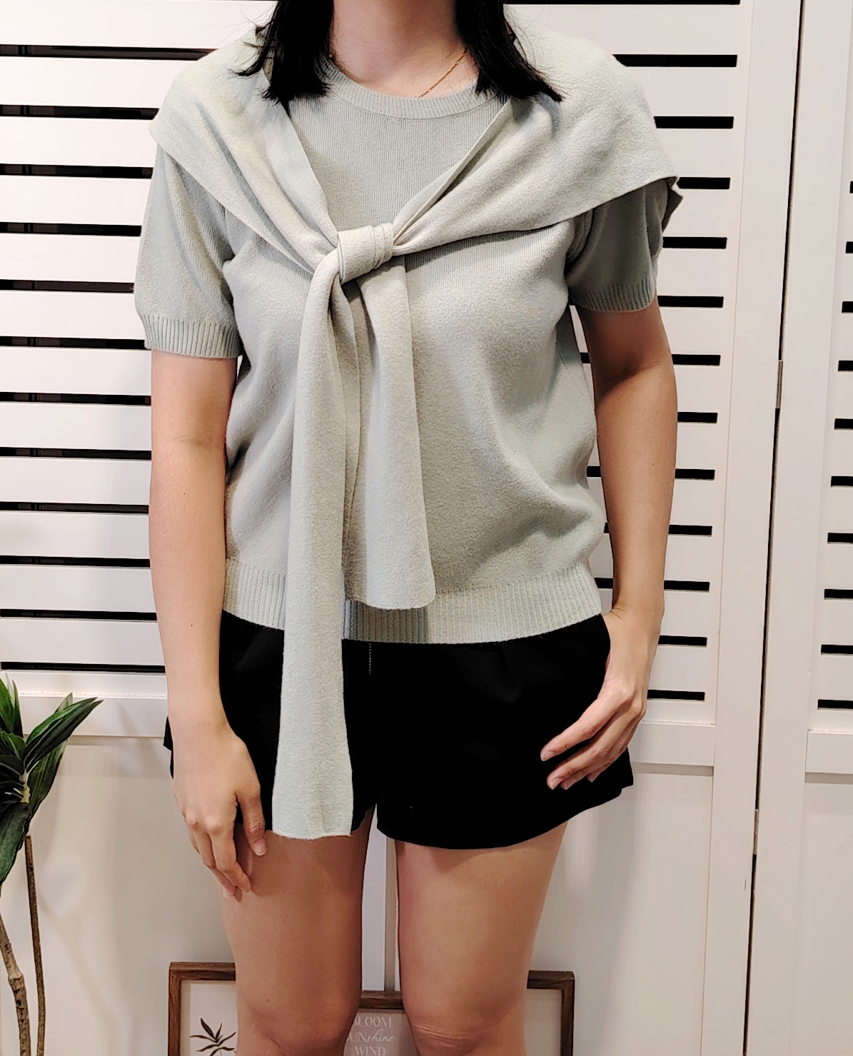 S2310 Knitted Short Sleeve Top With Shawl