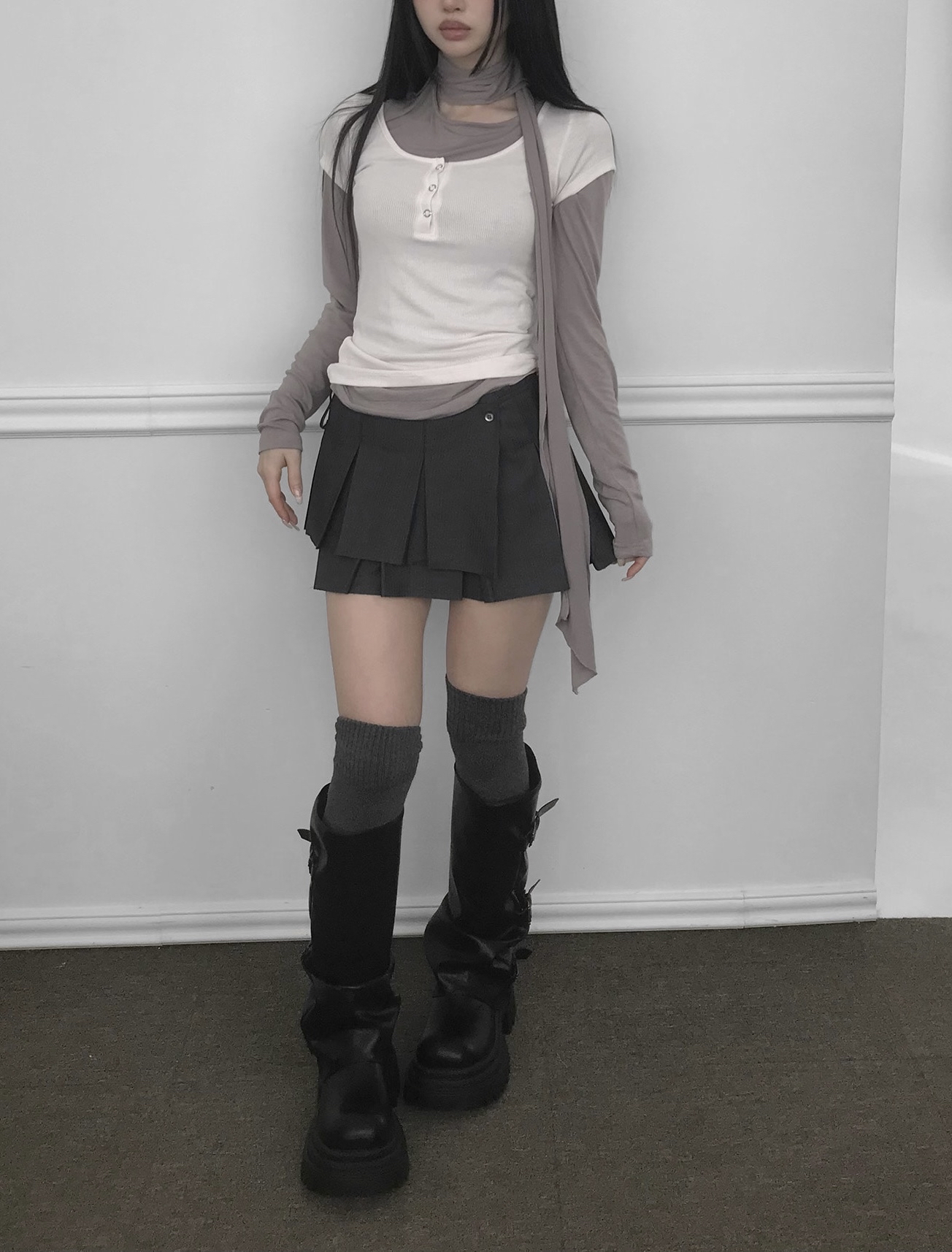 Ruched Button Long Sleeve with Scarf Tie