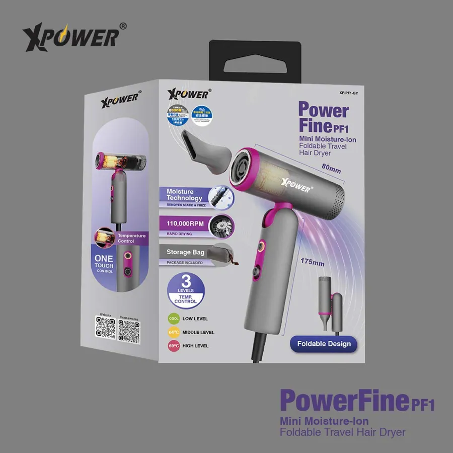 [香港行貨 | 1年保養] XPower POWERFINE PF1 全球最細可摺疊100-240V旅行負離子護髮風筒 - 灰色 XP-PF1-GY || 粉紅色 Pink XP-PF1-PK