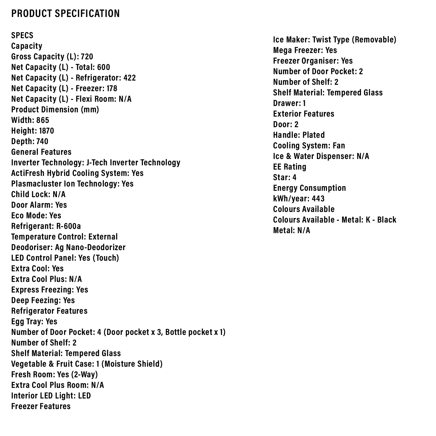 Sharp 720L Pelican 2-Door Refrigerator (SJP801MFMK)