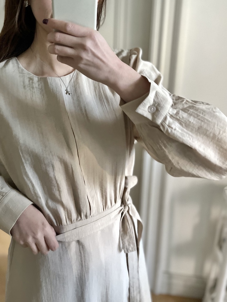 Pleated Yoke Detail Dress (Beige)