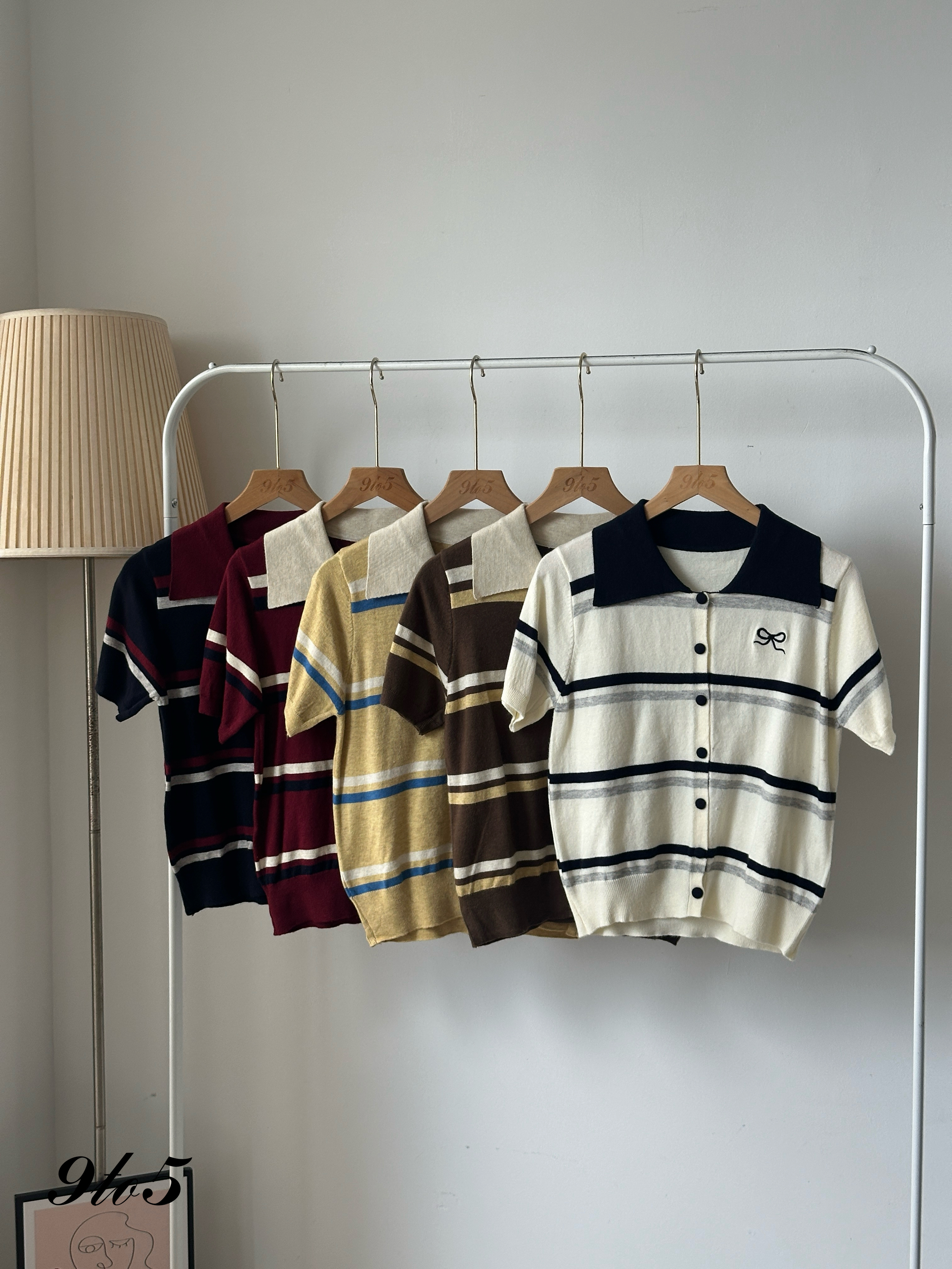 T4026 Striped Knit Polo Tee - 5 Colors