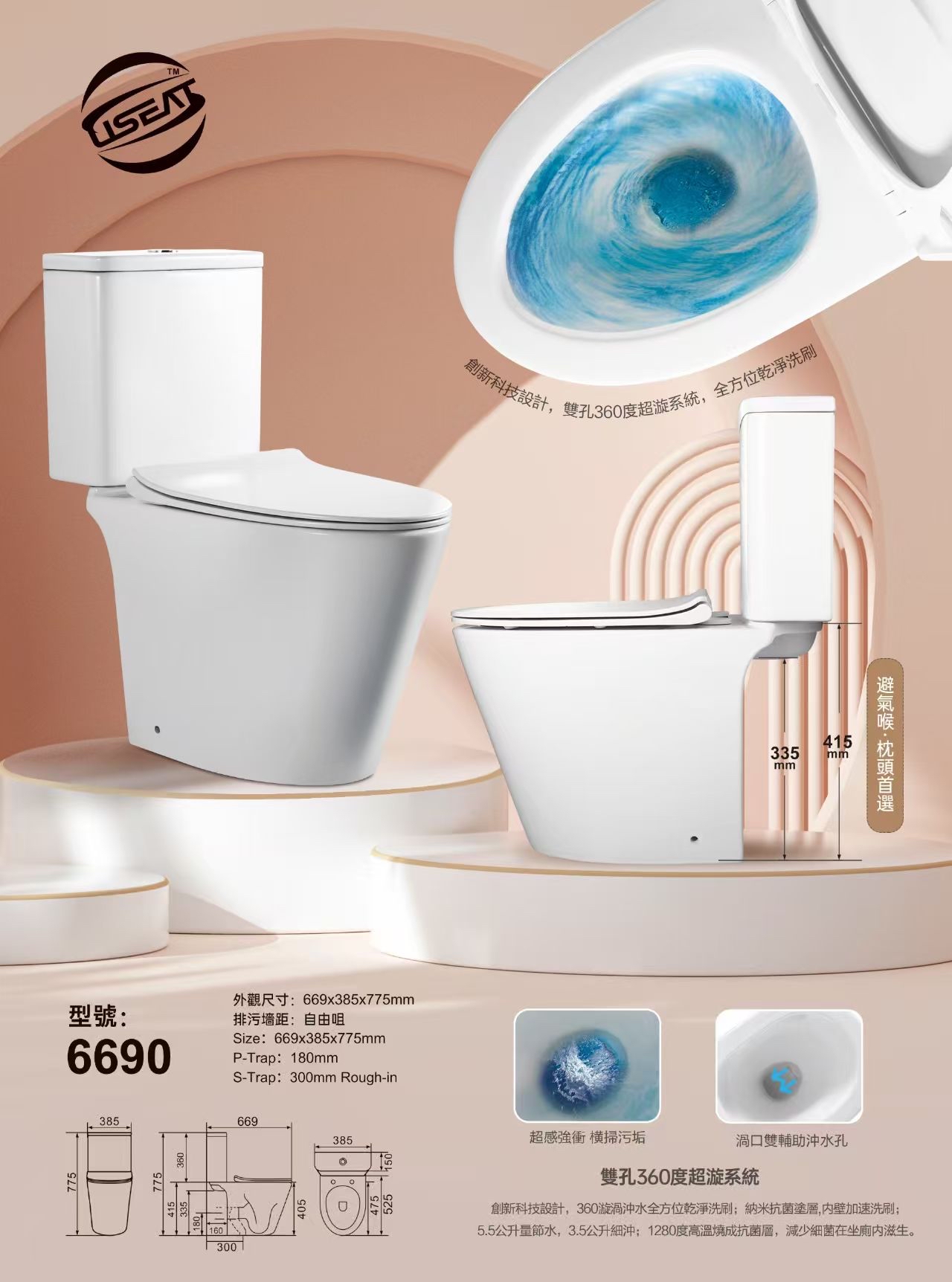 USEAT U6690 / 6690 RIMLESS 新款 旋渦式分體自由咀座廁（送英國風琴喉）