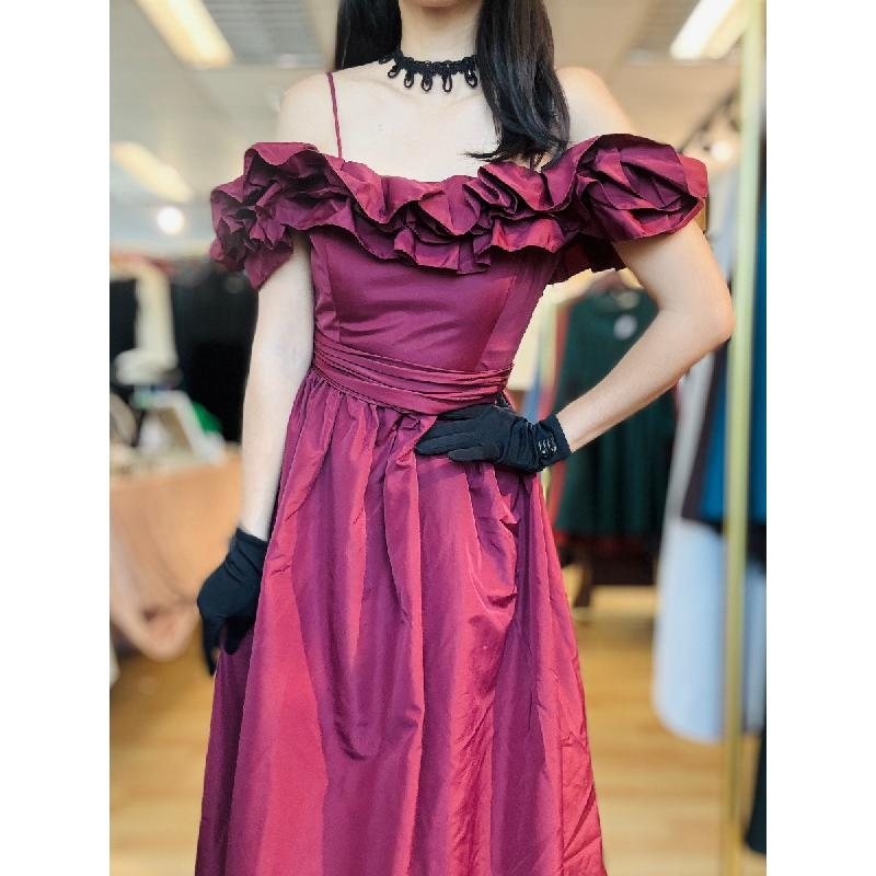 Vintage 1980s Wine Red Ruffle Off-Shoulder Evening Gown / Cocktail Dress (MT2568)