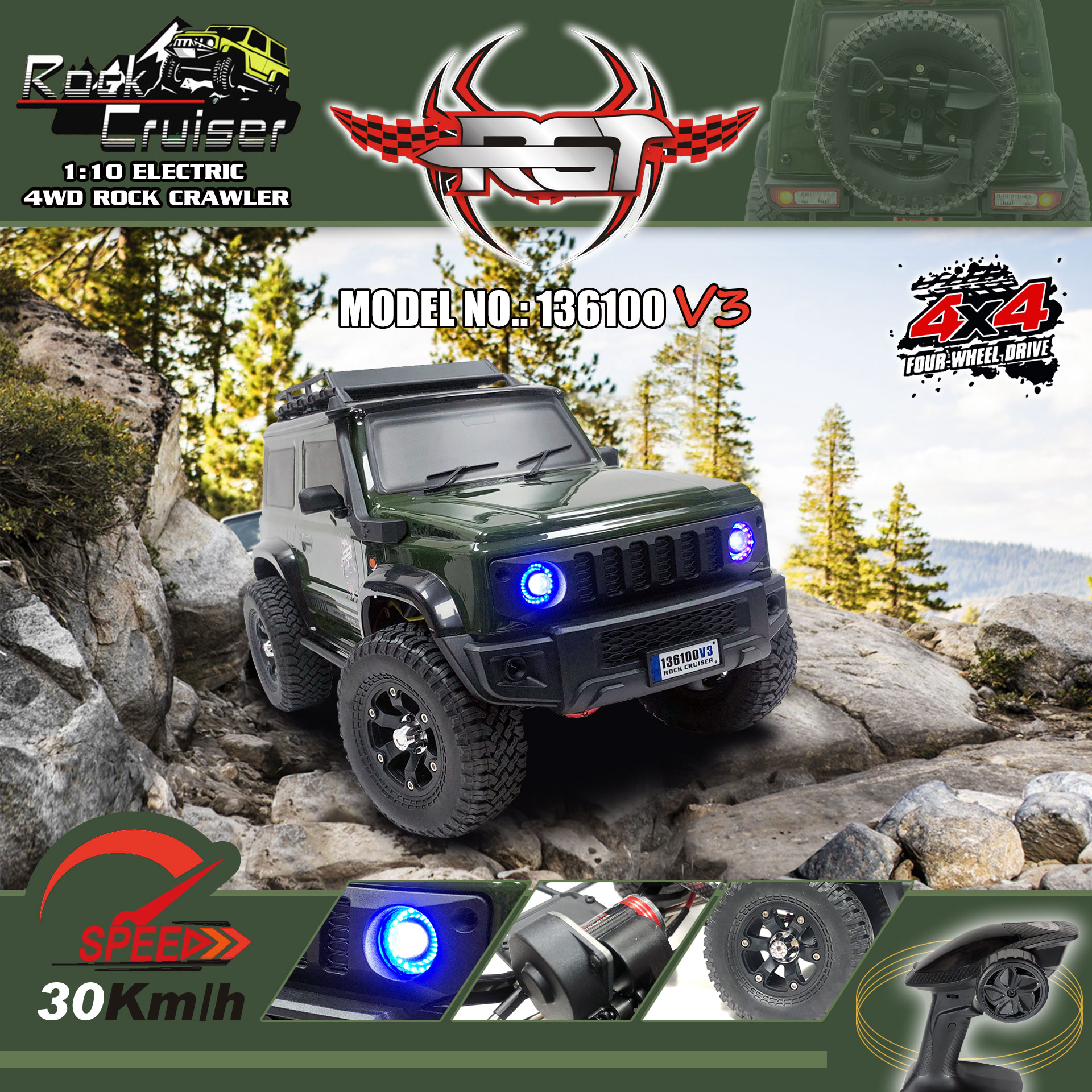 全新🌟 瑞泰RGT 🌟 1:10 136100V3 Rock Cruiser Jimny 攀爬越野車2.4Ghz  遙控4輪驅動有轉向燈/大燈30KM/H 綠色| 遙控坊