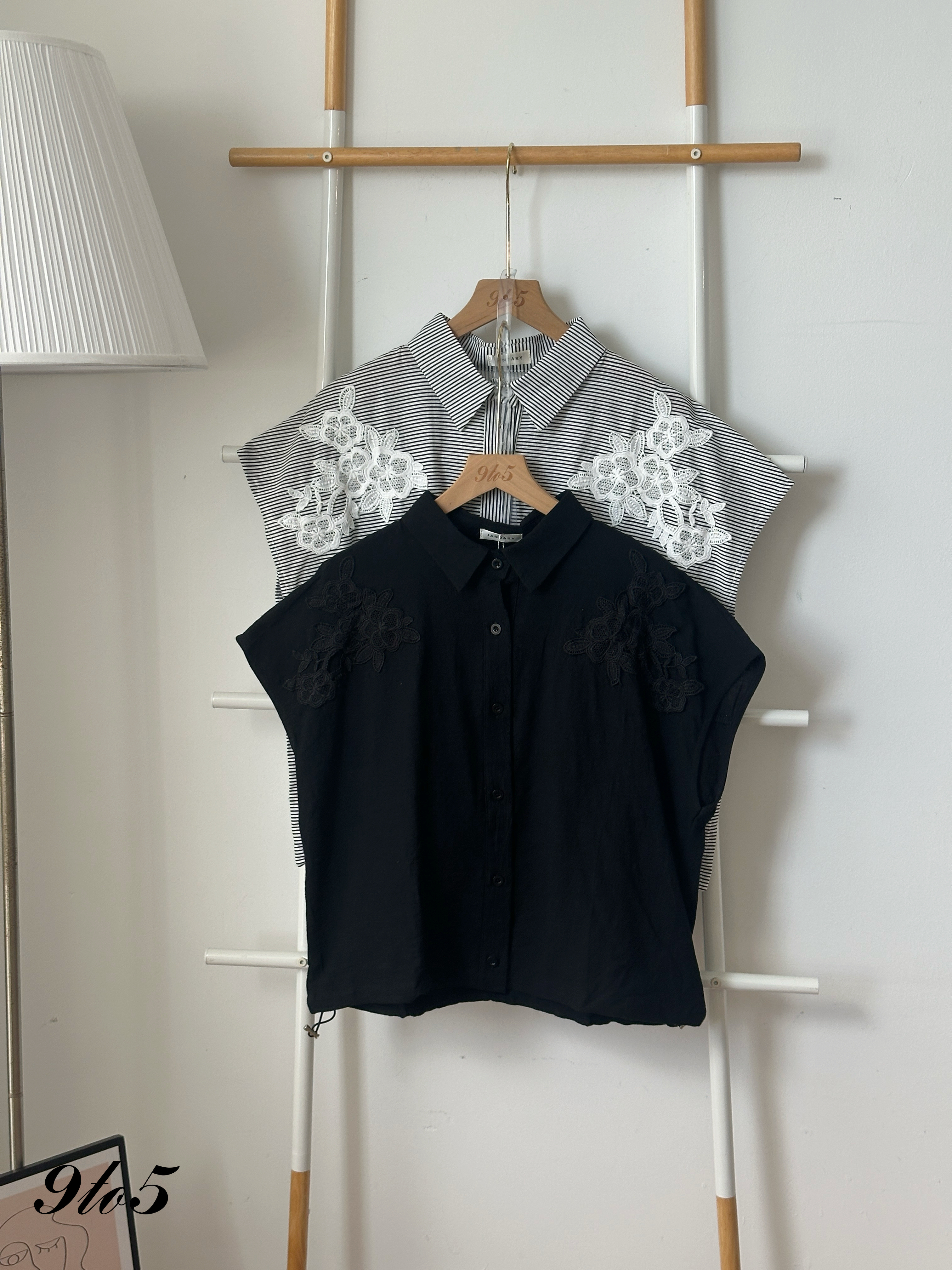 T4259 Cape Sleeve Embroidery Floral Shirt - Black & Stripe
