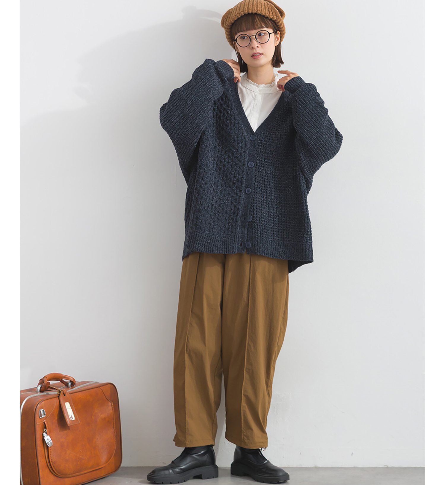 LP - 粗幼拼接冷織開襟毛衣 (深藍色)