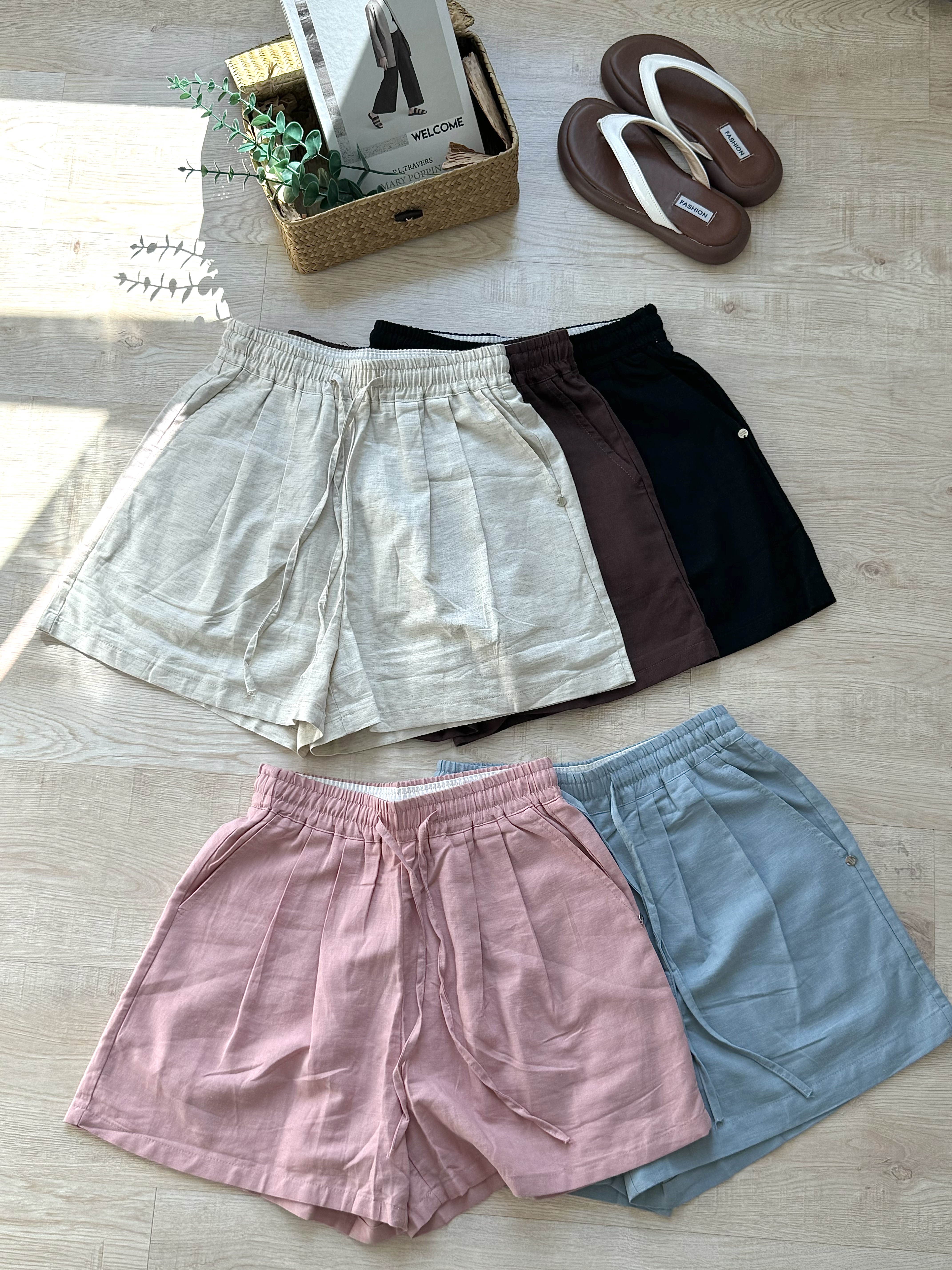 High Waist Cotton Linen Casual Short 韩系高腰棉麻休闲抽绳短裤 （ 5 Colors )