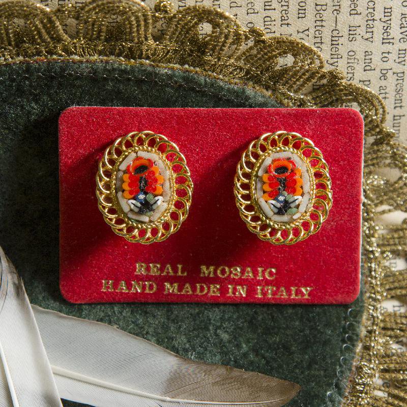 Vintage Italian Mosaic New Old Stock in Golden Frame Clip Earrings on Original Card - Beige and Red Floral(HD219)