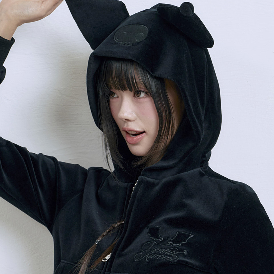 Venhit x Kuromi Velour Crop Zip-up Hoodie Black