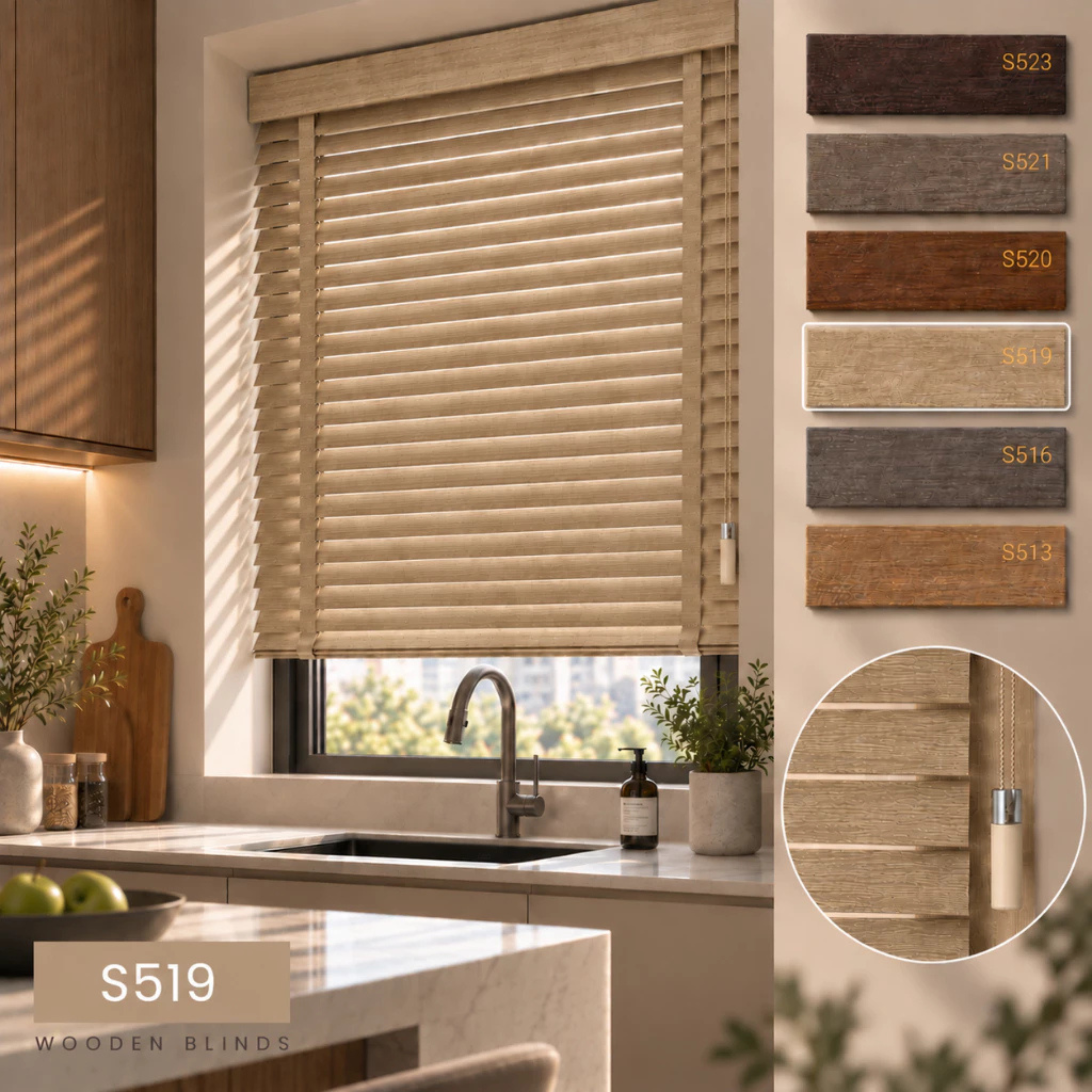 100% Kayu Asli | Bidai Kayu | 50mm Premium Timber Blinds Malaysia | Natural Wood Blinds | Custom Made Window Blinds