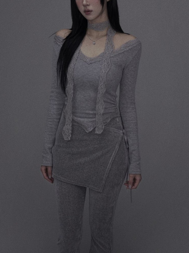 Lace V-Neck Top and Scarf Set