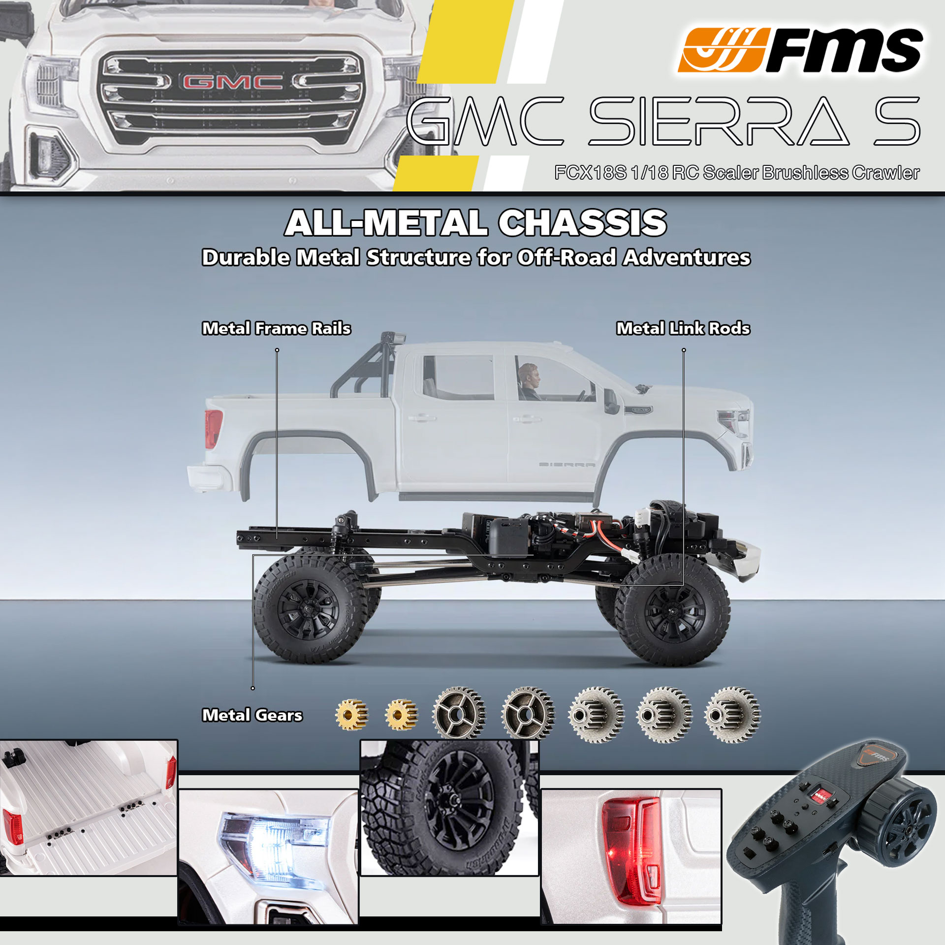 全新 FMS FCX18S 1:18 GMC Sierra S RTR Brushless | General Motors LLC授權 | 無刷版本 | 聯動指揮燈 | 2段機械變速 | 迷你慢爬車 | 遙控車 | 像真迷你遙控車