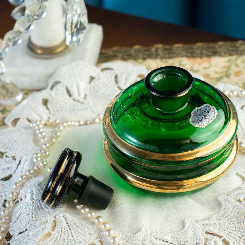 Vintage German Füger Taube 1947-1954 Art Deco Style Green Glass Dressing Table Set - Tray, Powder Box & Perfume Bottle (MX006)