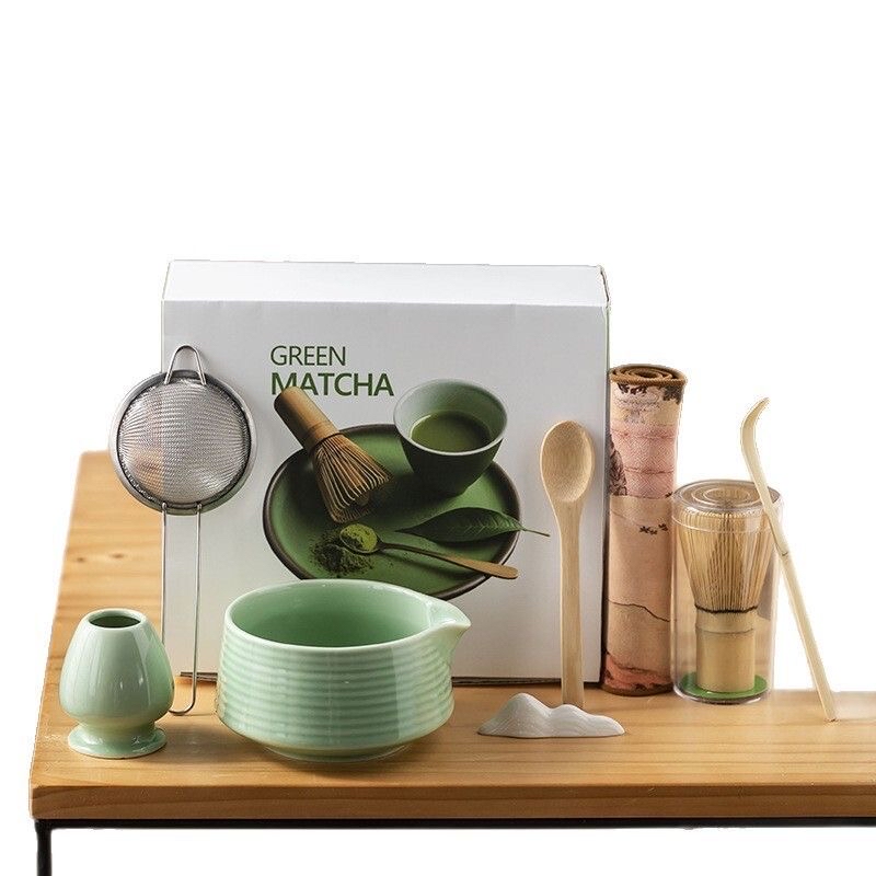 【8件套】日式抹茶具套裝帶嘴 茶筅和茶撥 - 綠色