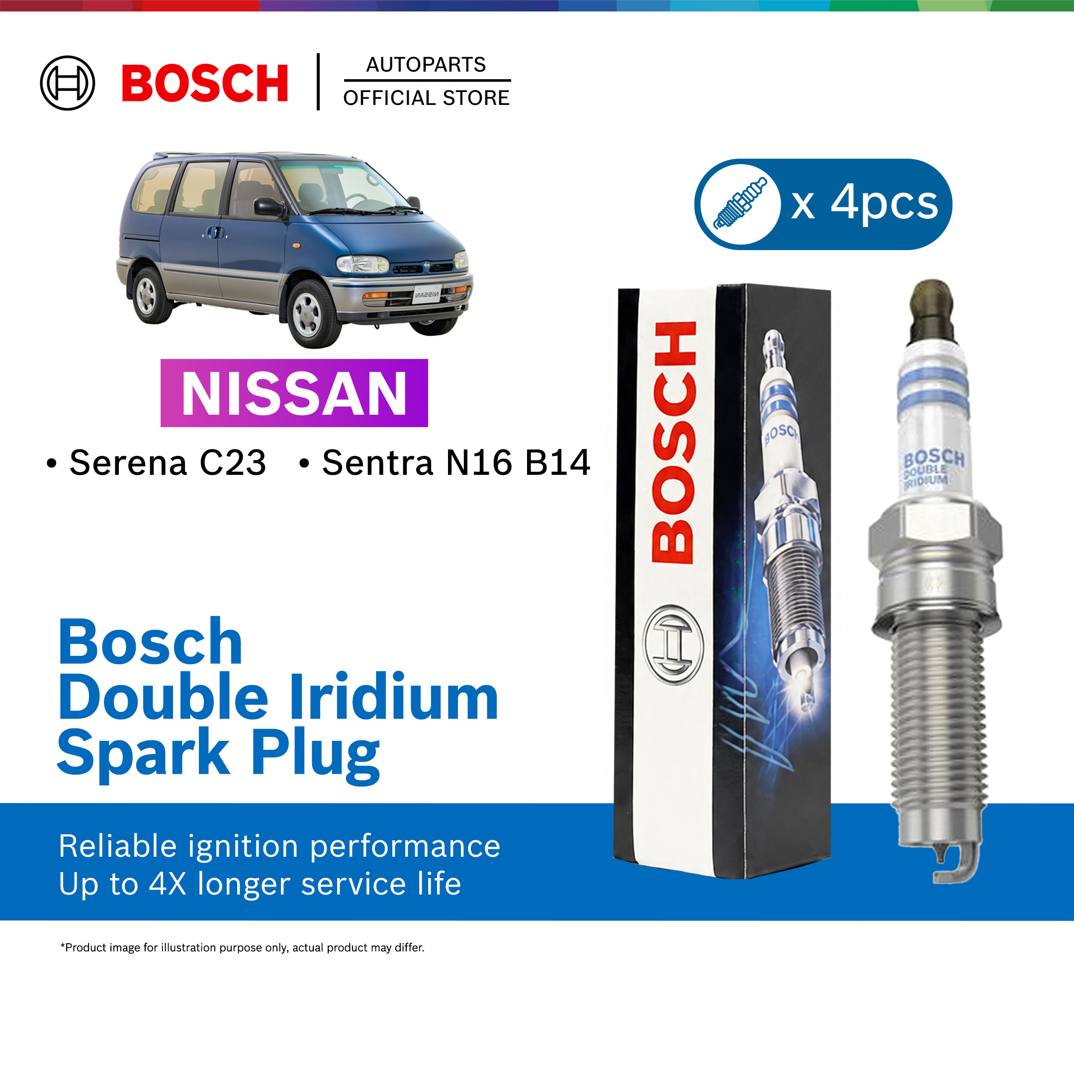 Bosch Double Iridium Spark Plug 4pcs BKR5E-11 NISSAN Serena C23 Sentra N16 B14