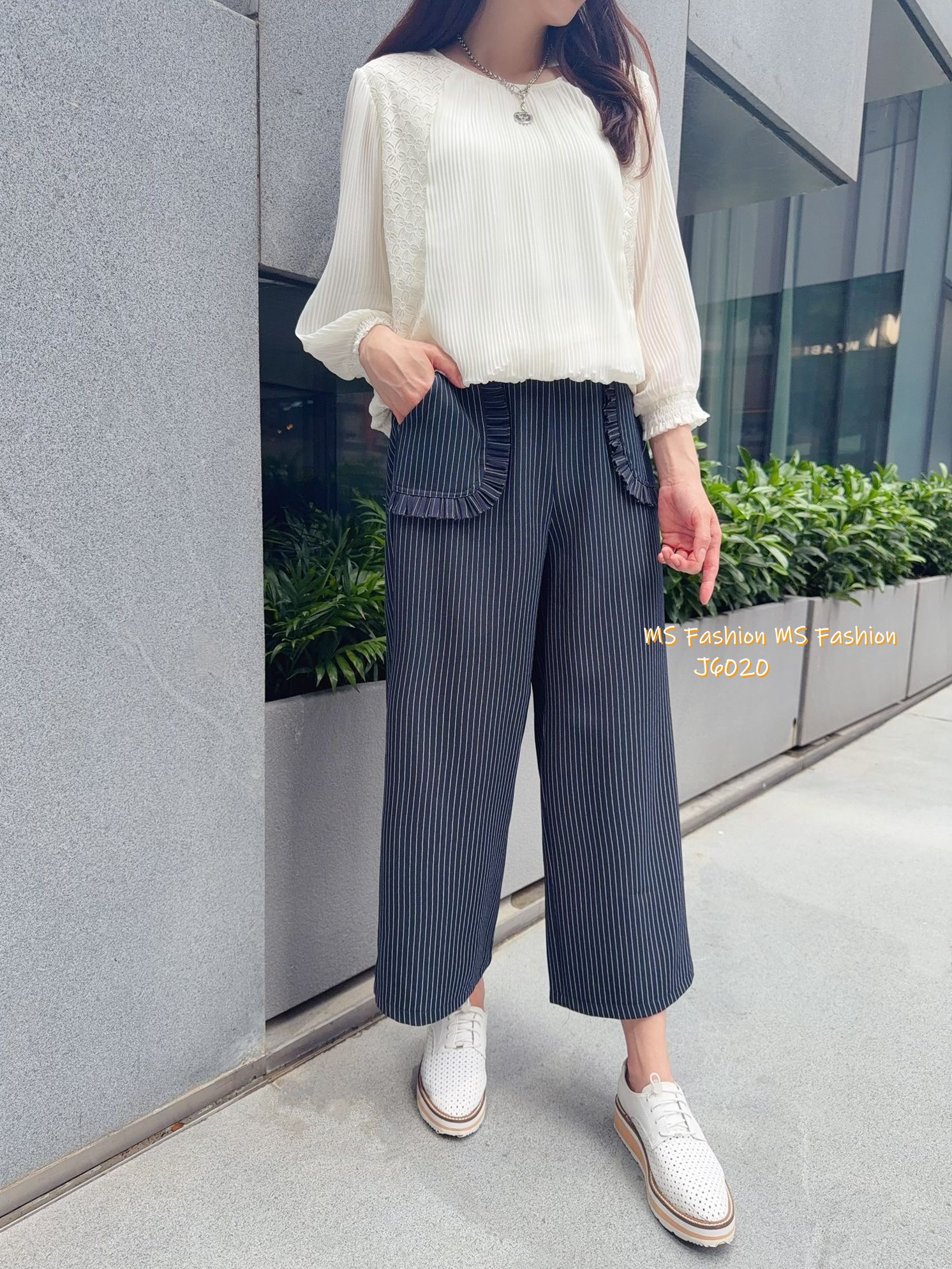 J6020 韓國🇰🇷條子ruffle袋闊褲