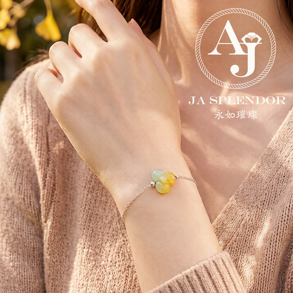 JN-3434 天然翡翠A玉-黃翡立體小花不鏽鋼手鏈