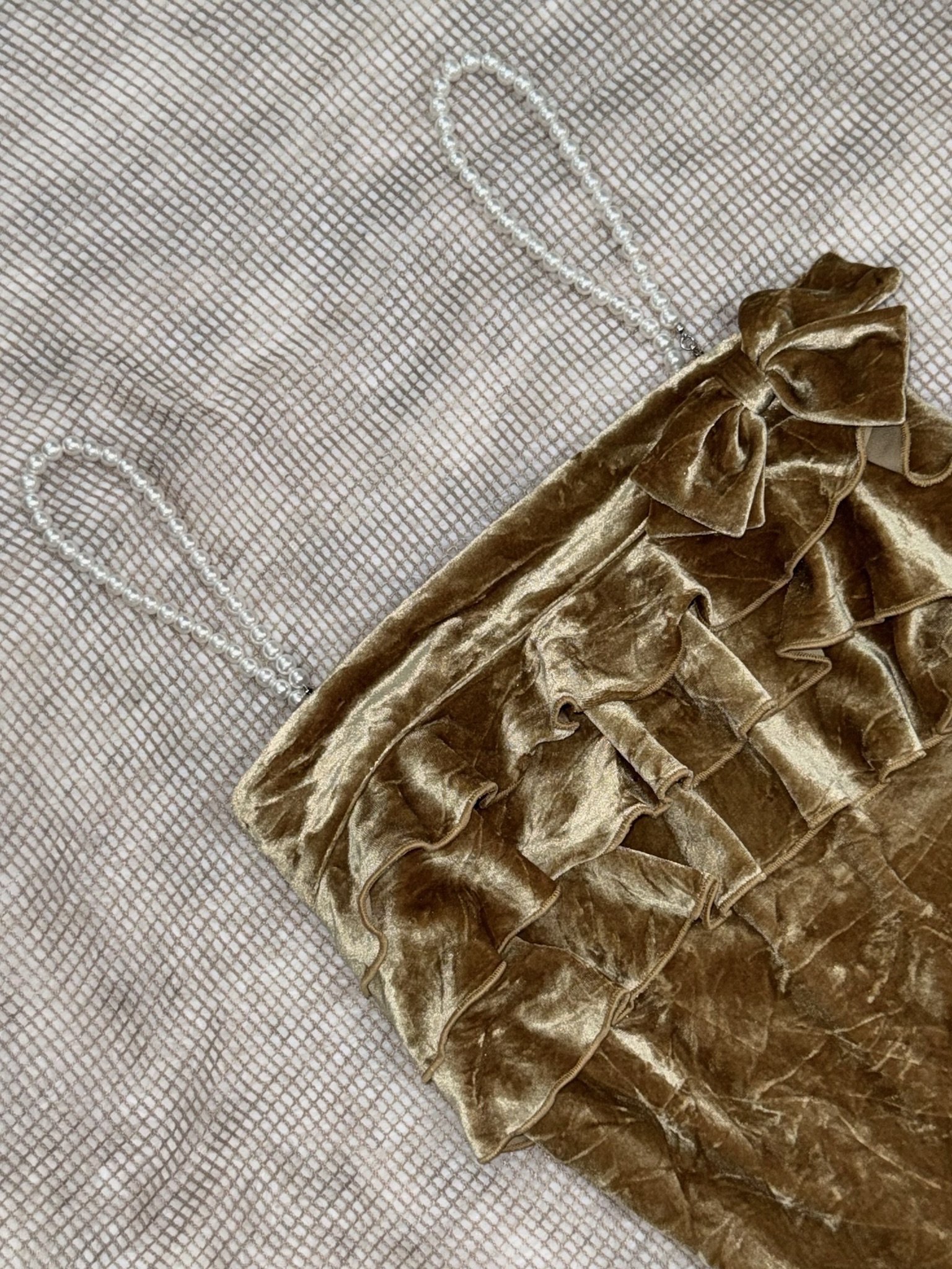Vintage Velvet Ruffled Cami with Pearl Straps