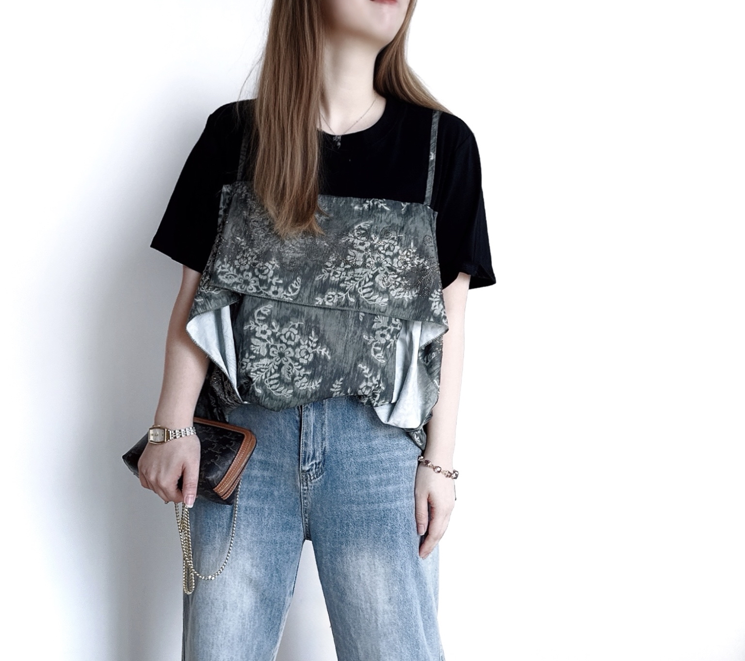 🌼初春優惠🍀 假兩件吊帶民族印花Tee