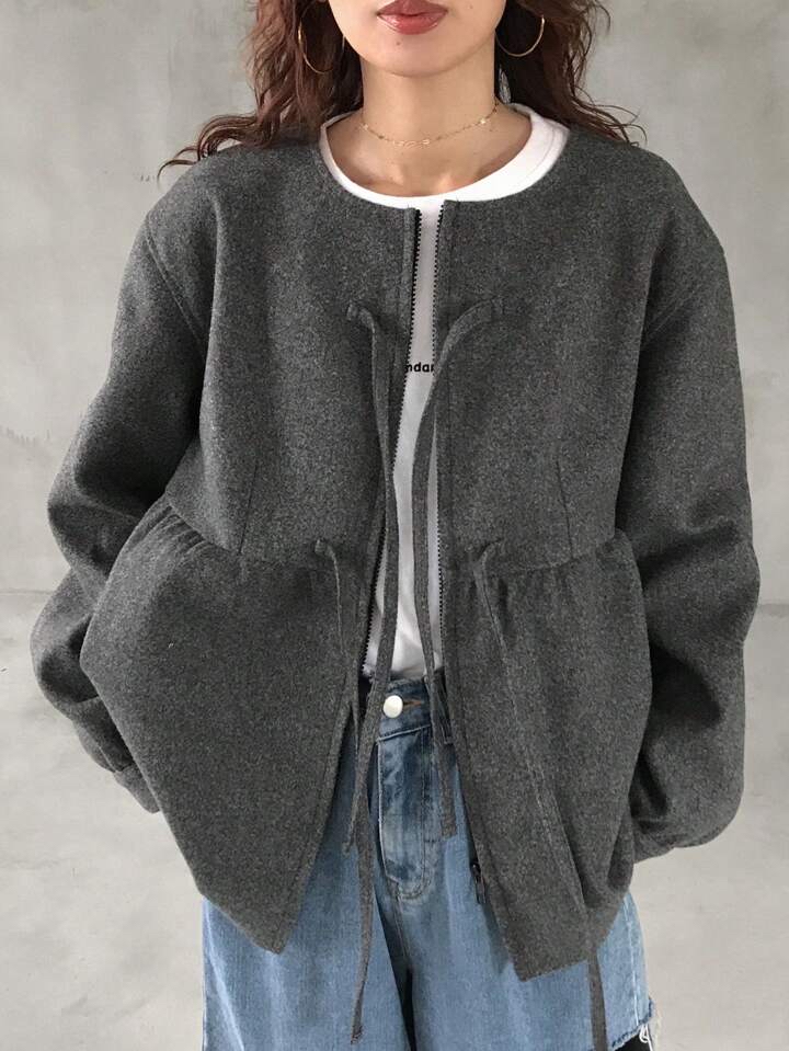 蝴蝶結繫帶羊毛混紡外套