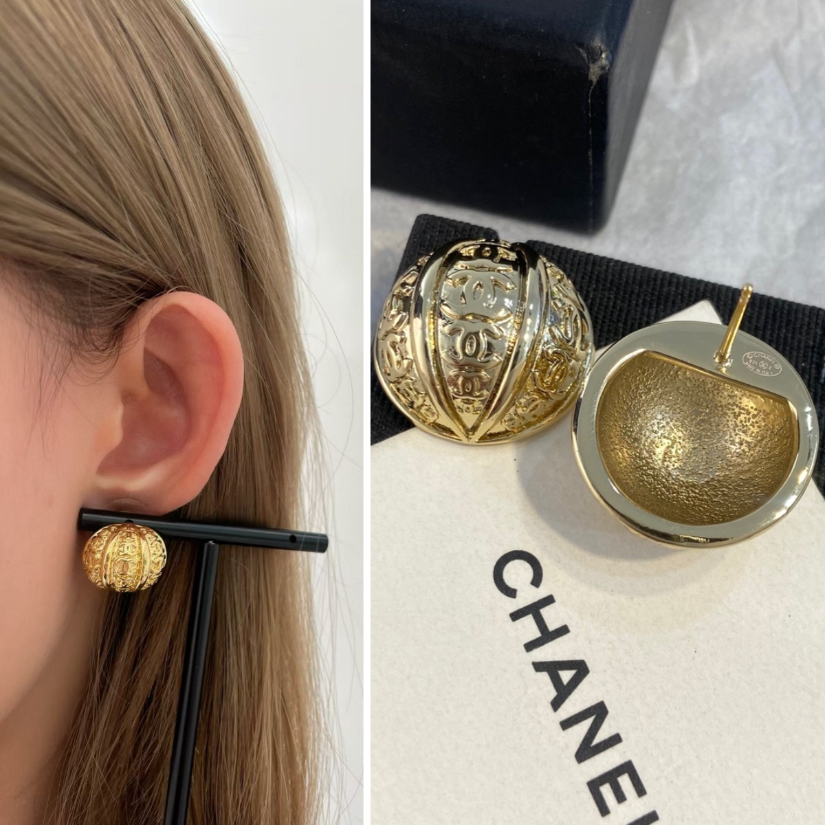 【原單】CHANEL Stud Earrings 金浮雕南瓜半圓耳環 連禮盒
