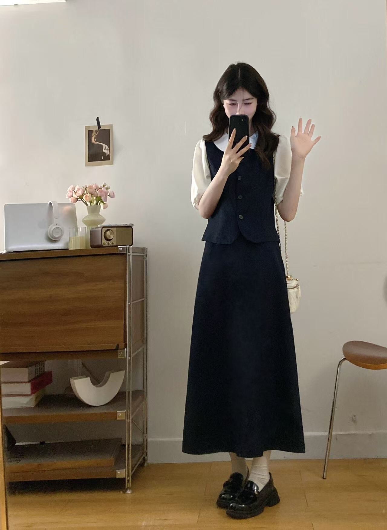 B90(3103长) 长款韩系温柔风气质拼接娃娃领上衣与长裙蓝套装