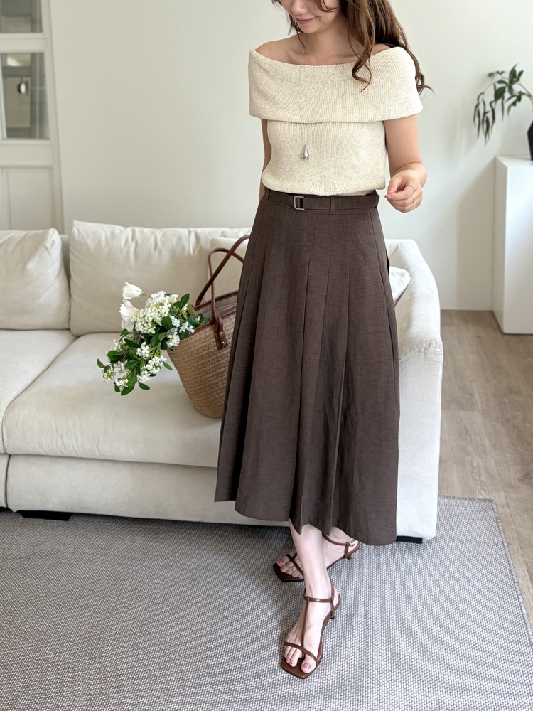Linen Blend Pleated Skirt (Brown)