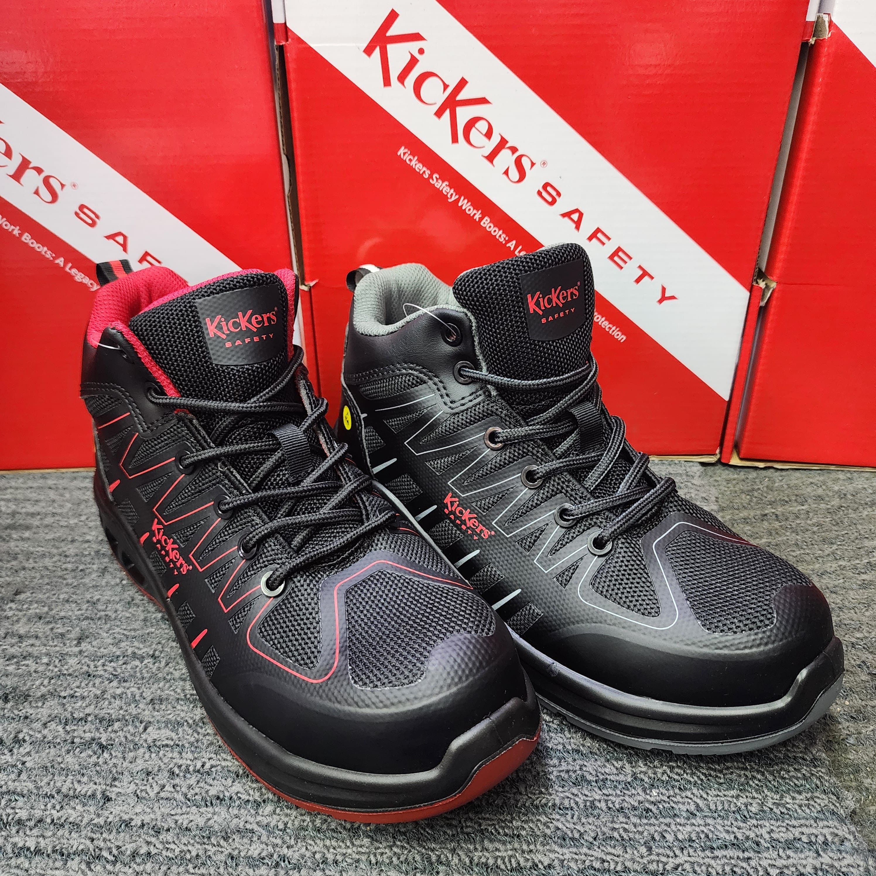 KicKers 2512 Safety Mid Cut Lace ESD Black Red Grey Safety Shoes Kasut Keselamatan