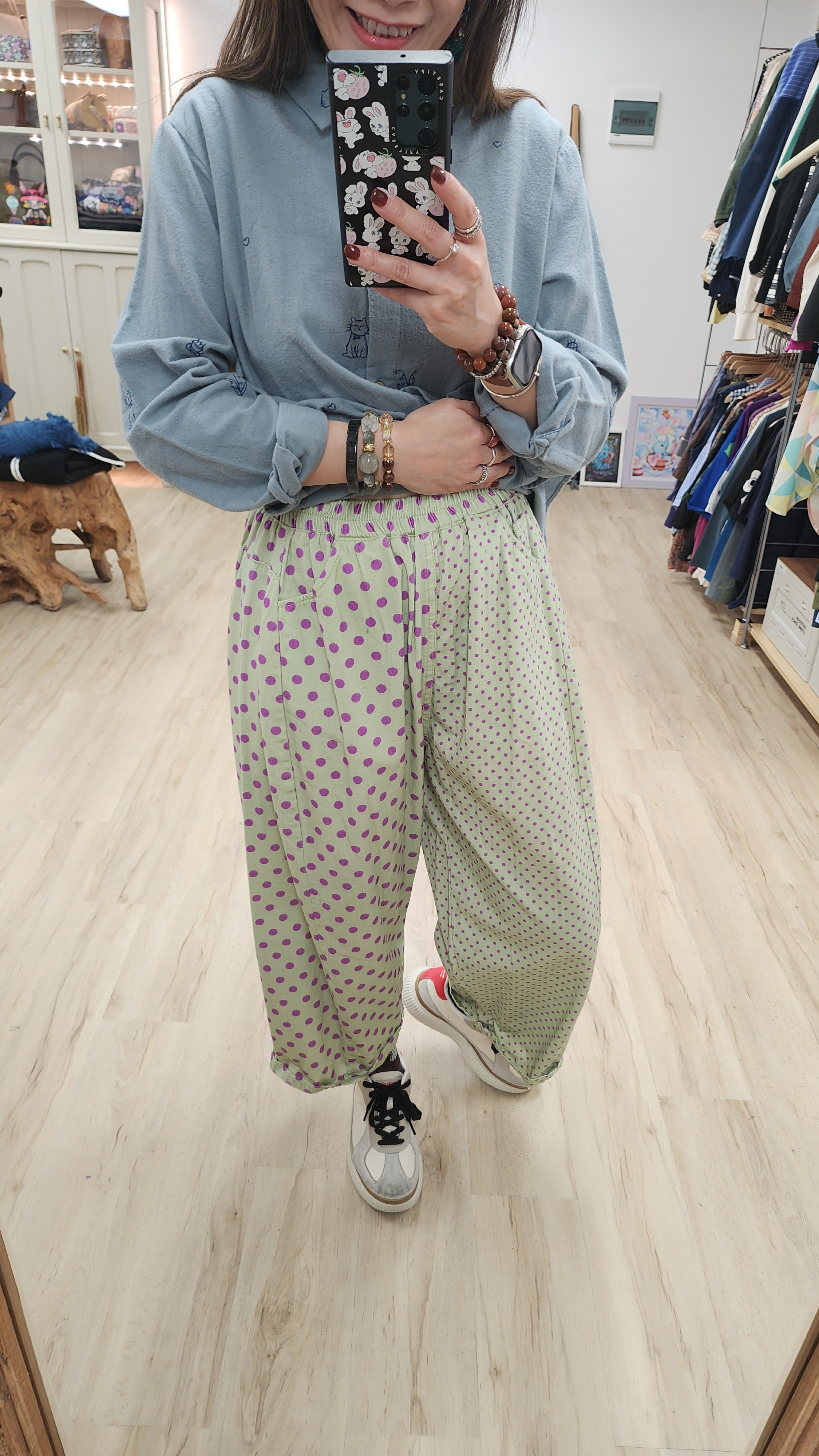 韓國薄荷綠拼紫鴛鴦波點斜布橡筋褲