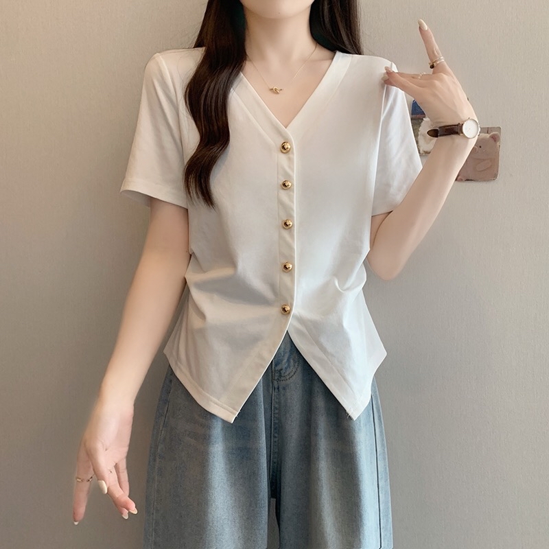 B350(35332) 韩版高级感V领前排金钮下摆开角4色上衣 