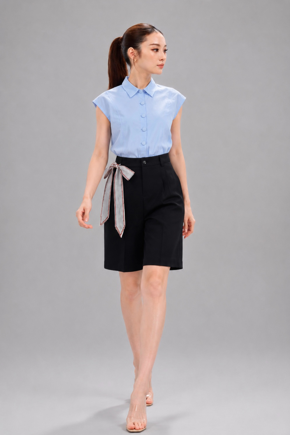 31225 High-Waisted Tailored Bermuda Shorts with Scarf Tie