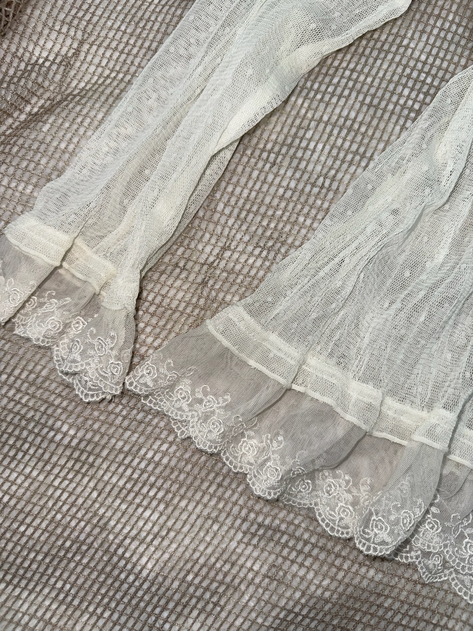 White Sheer Mesh Blouse with Pearl Buttons and Lace Ruffle Trim