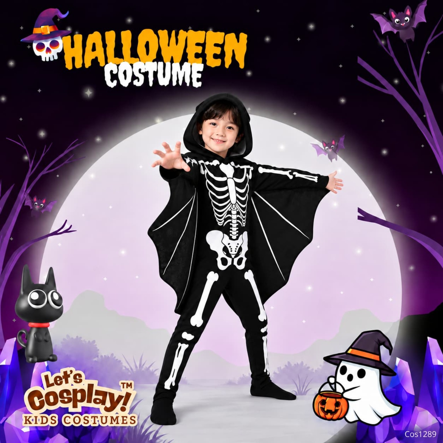 兒童骷髏蝙蝠翼萬聖節角色扮演服 Skeleton Bat Kids Costume 110–150碼 Lets Cosplay COS1289