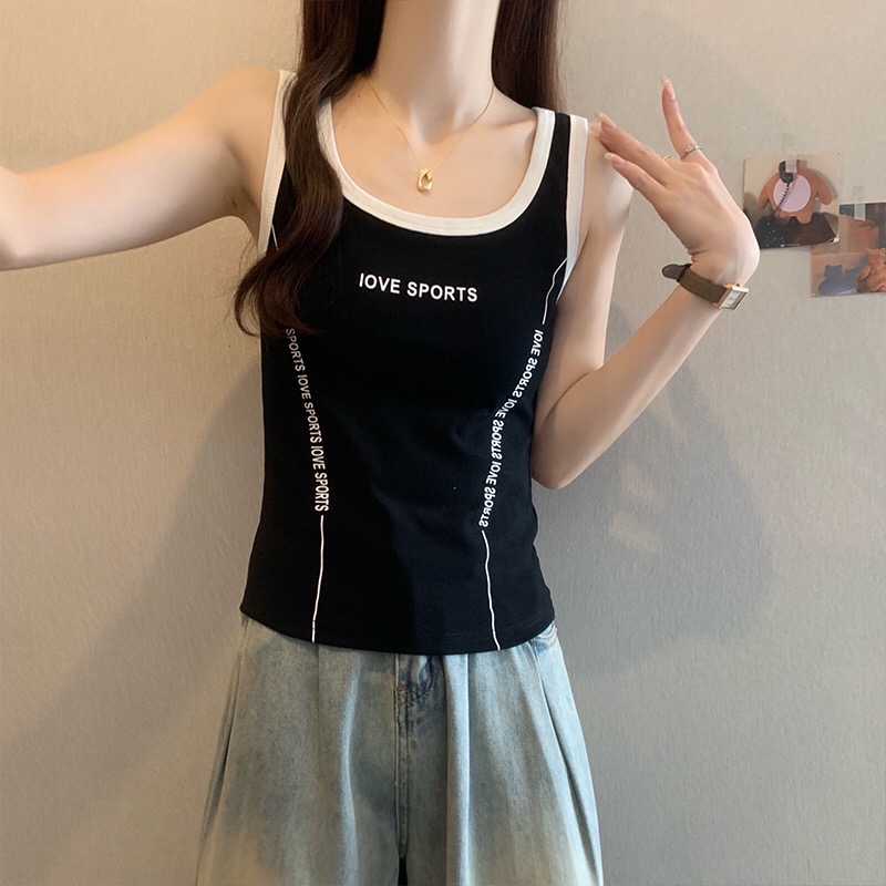 B247(16119) 美式LOVE SPORTS 撞色边小字体显瘦边黑白背心 